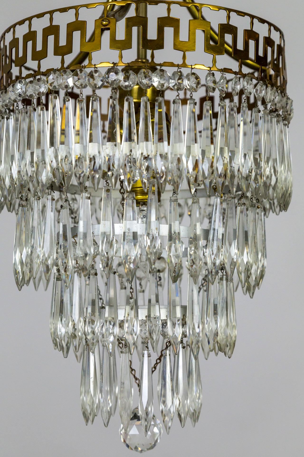 Metal Mid-20th Cent. Neoclassical Cut Brass & Crystal Wedding Cake Pendant Light For Sale