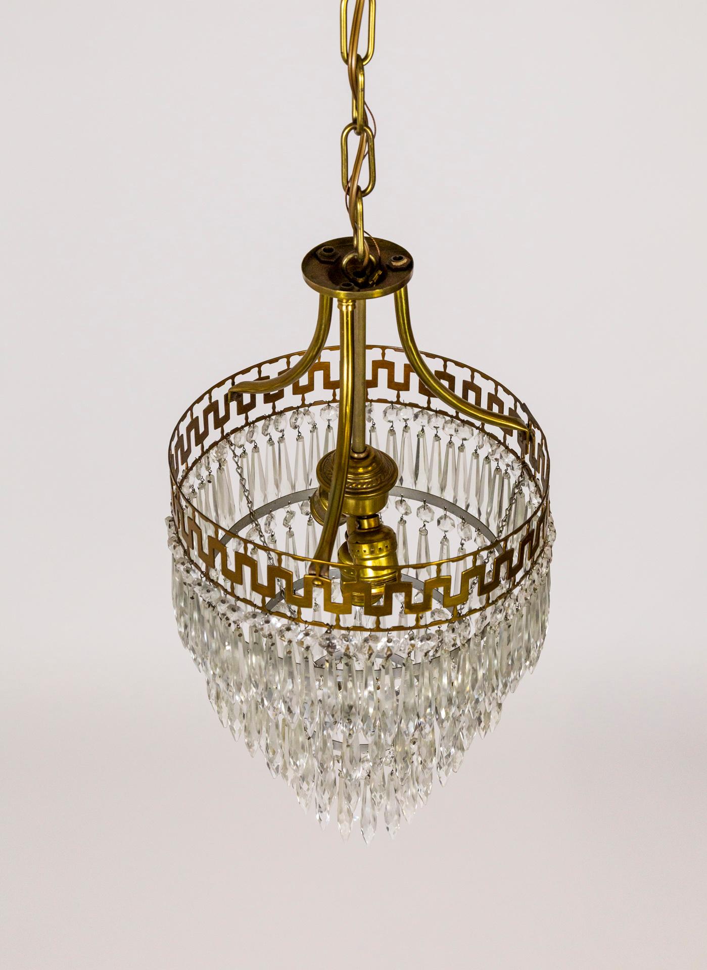 Mid-20th Cent. Neoclassical Cut Brass & Crystal Wedding Cake Pendant Light For Sale 1