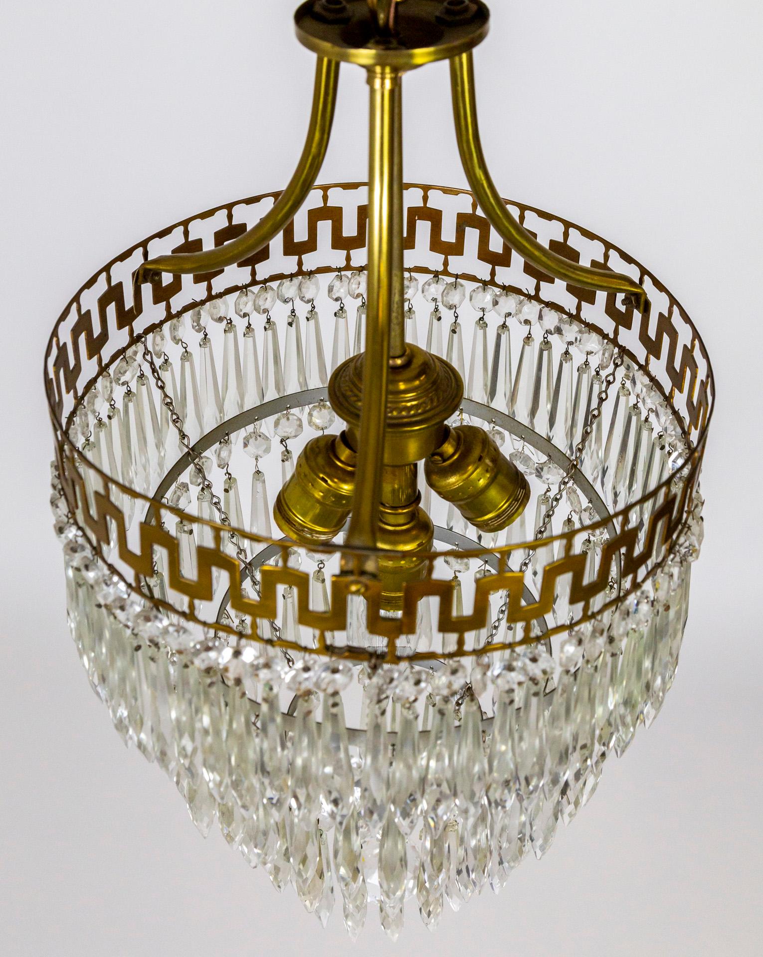 Mid-20th Cent. Neoclassical Cut Brass & Crystal Wedding Cake Pendant Light For Sale 4