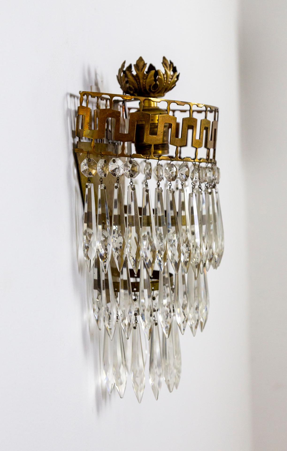 20th Century Mid-20th Cent. Neoclassical Cut Brass & Crystal Wedding Cake Wall Lights 'Pair' For Sale