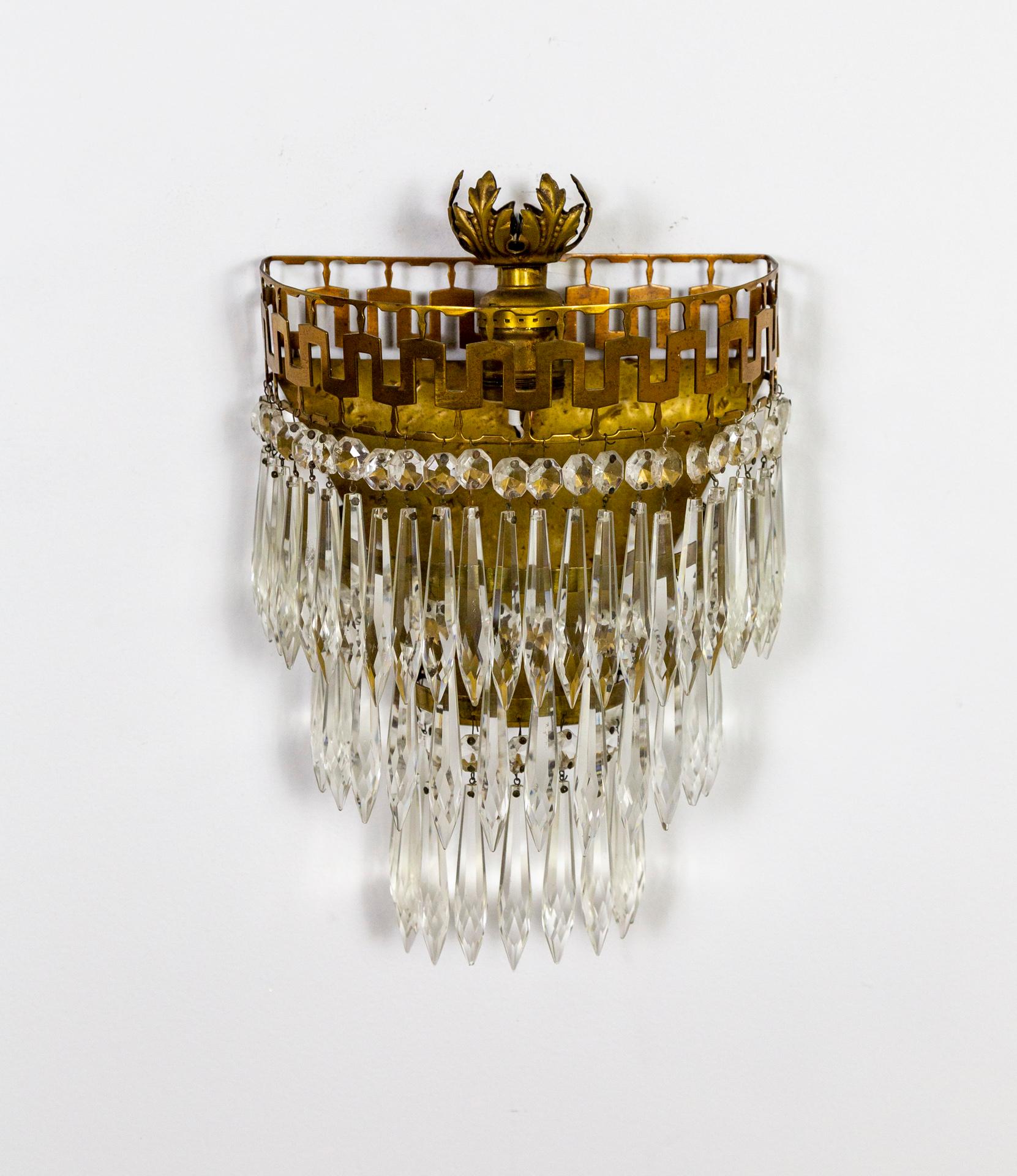 Mid-20th Cent. Neoclassical Cut Brass & Crystal Wedding Cake Wall Lights 'Pair' For Sale 1