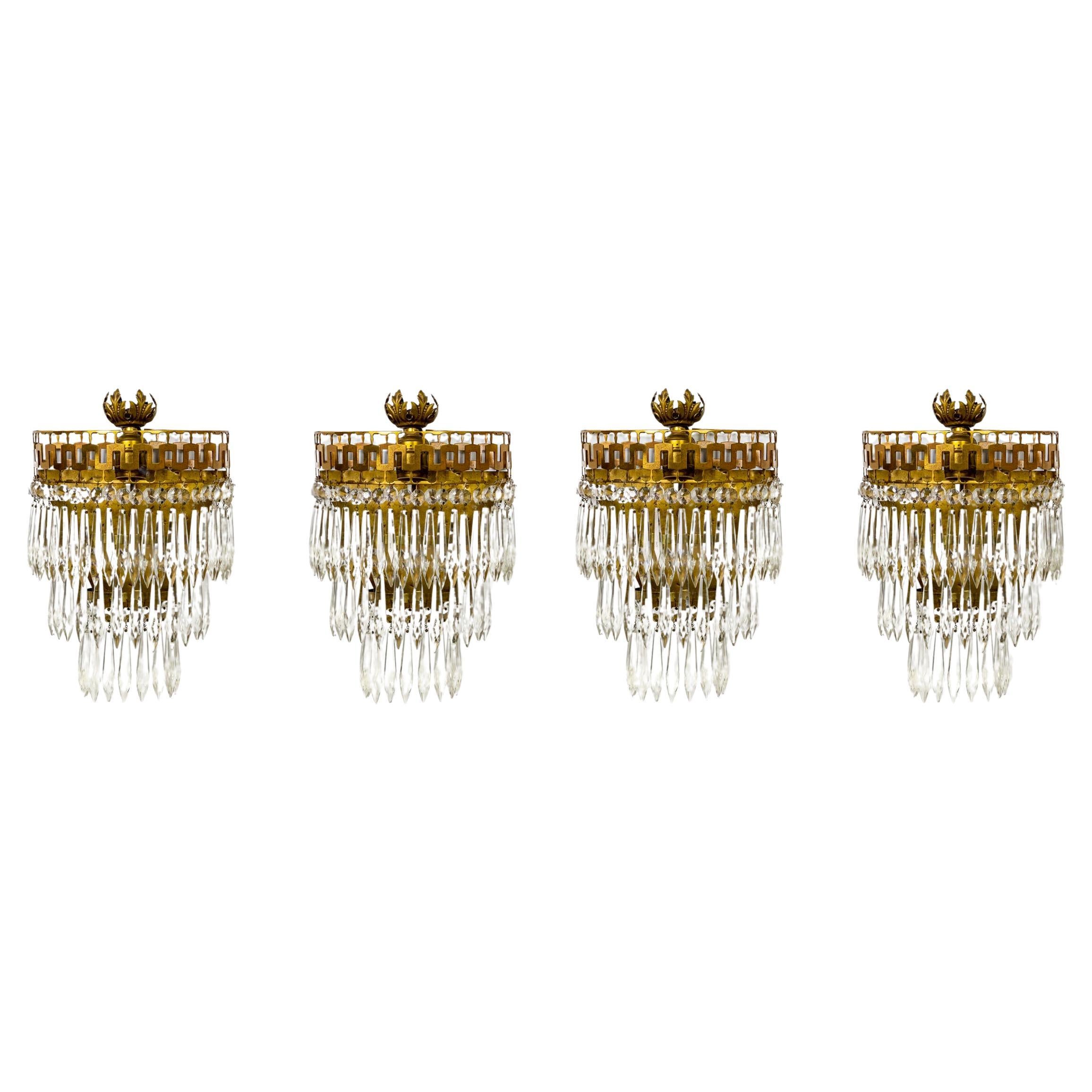Mid-20th Cent. Neoclassical Cut Brass & Crystal Wedding Cake Wall Lights 'Pair'