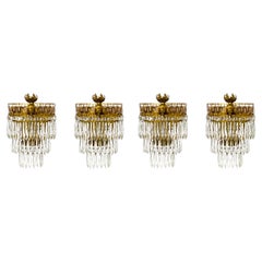 Retro Mid-20th Cent. Neoclassical Cut Brass & Crystal Wedding Cake Wall Lights 'Pair'