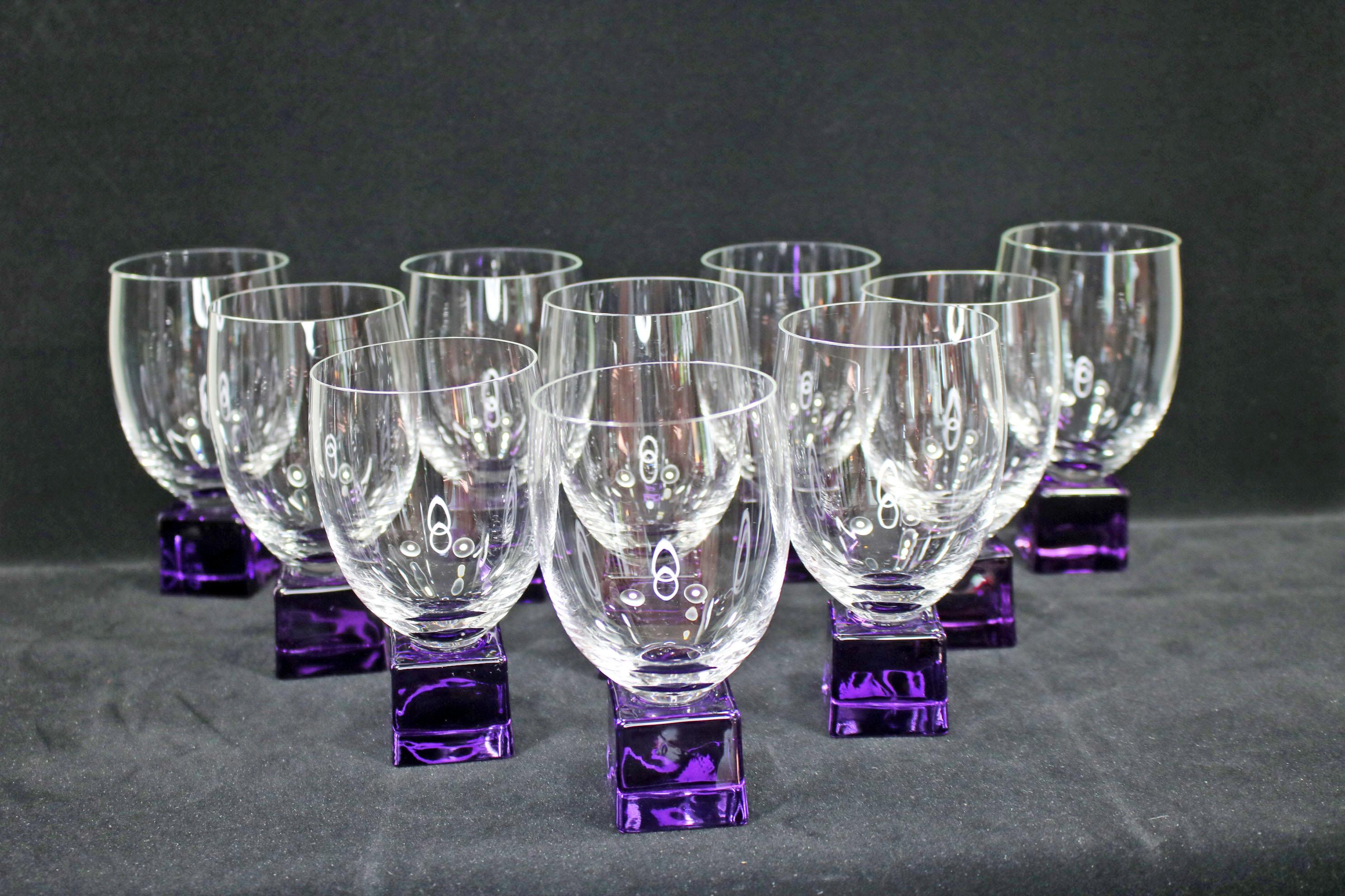 A beautiful and one of a kind set of 10 wine glasses. These were a part of a prototype production run, we were able to save only these 10 pieces as the rest was destroyed. The material is sodium potassium glass.
