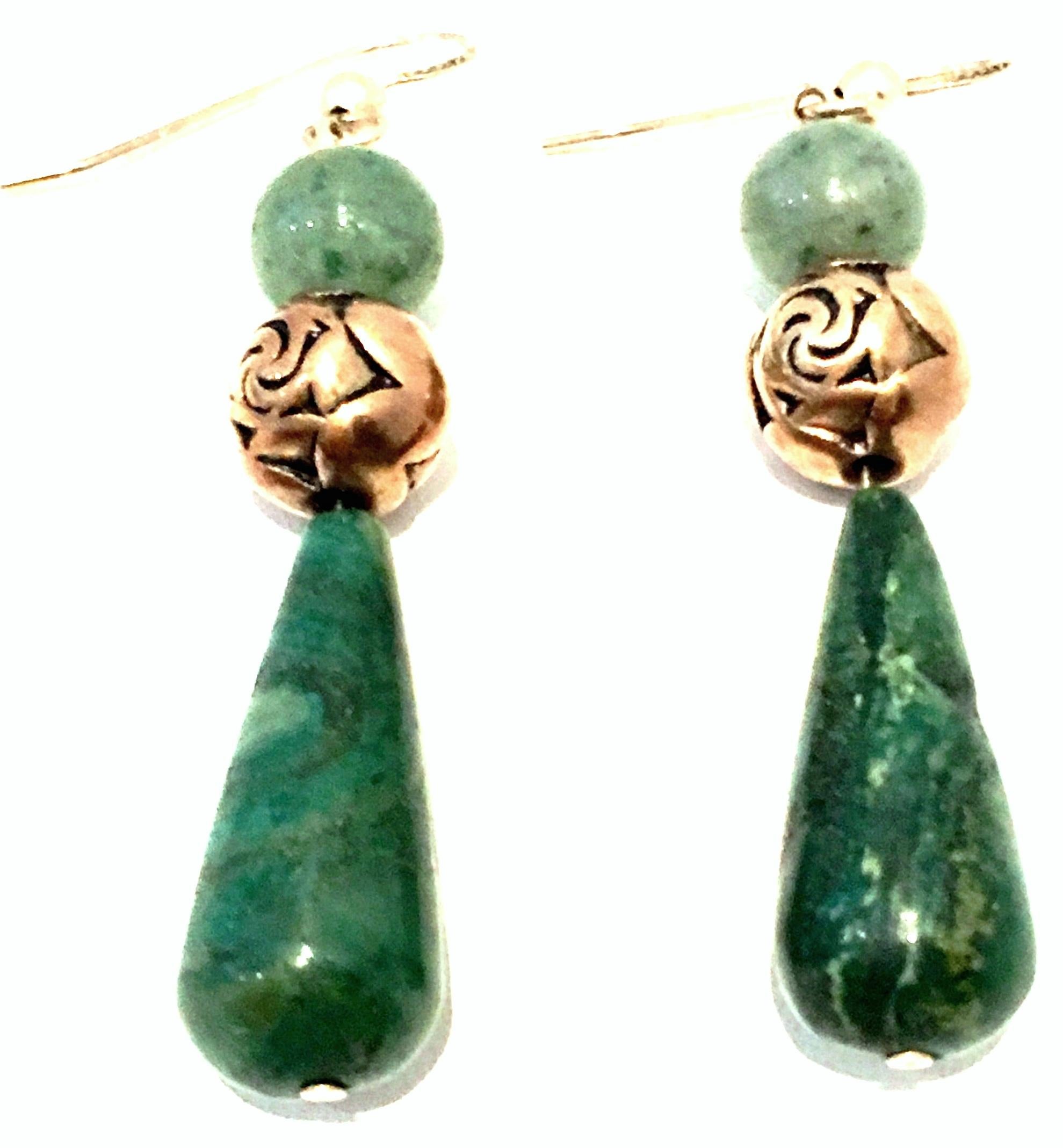 Women's or Men's Mid-20th Century 14-K Gold & Jade Drop Earrings For Sale