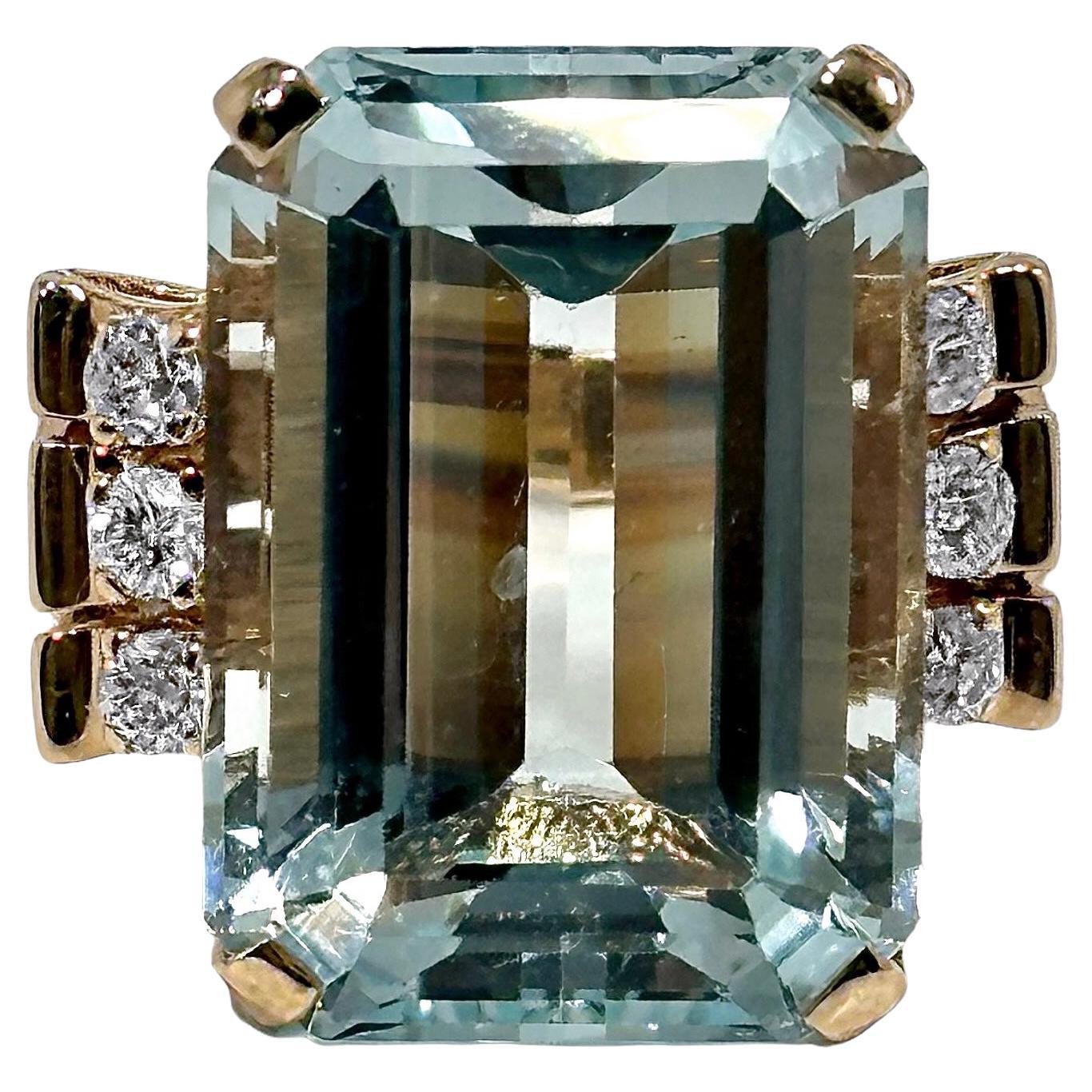Mid-20th Century 14K Gold Cocktail Ring with Large  Aquamarine and Diamonds