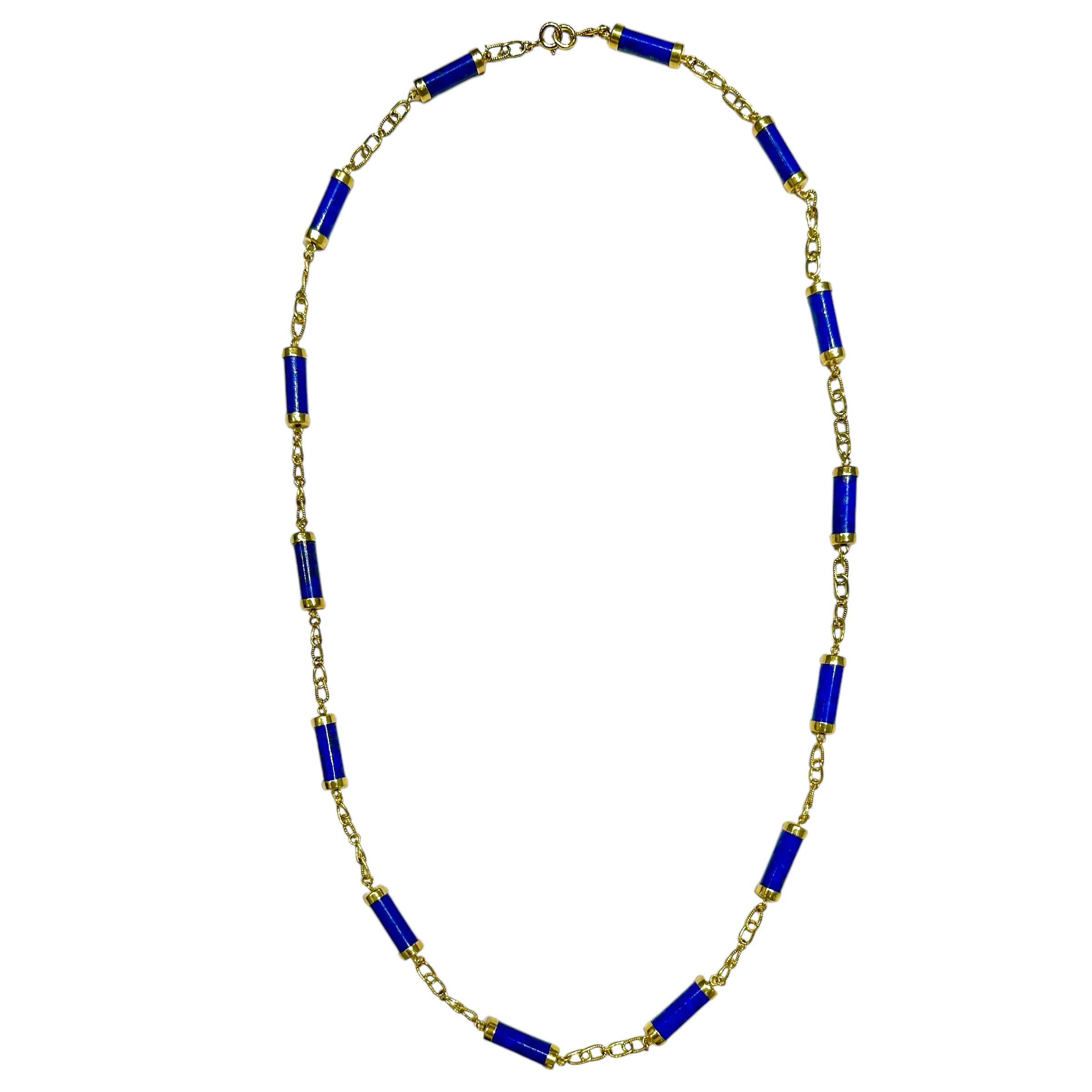 Mitte des 20. Jahrhunderts 14K Gold & Lapislazuli Zylinder-Halskette 29 1/2 Zoll lang (Moderne) im Angebot