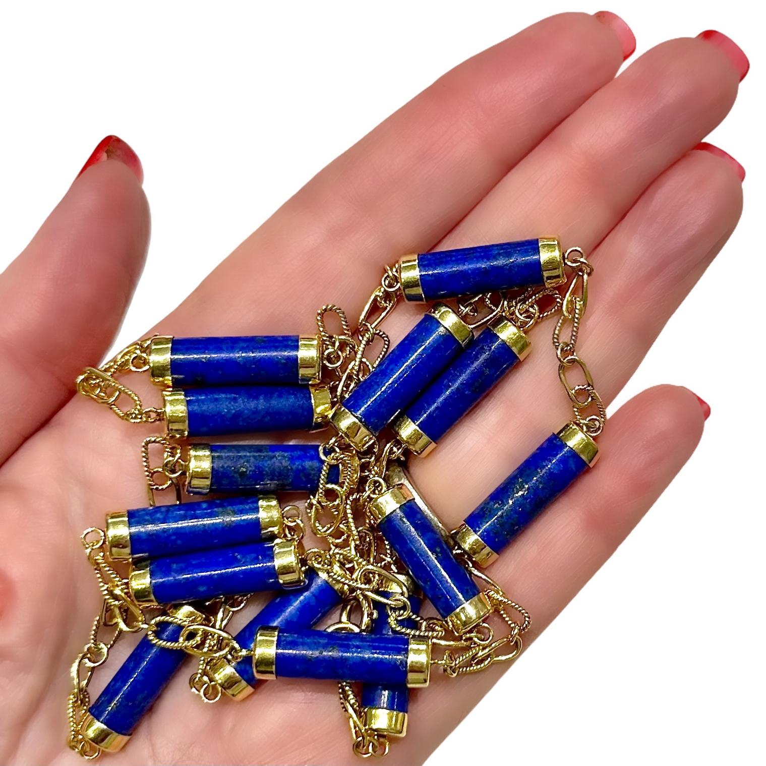 Mitte des 20. Jahrhunderts 14K Gold & Lapislazuli Zylinder-Halskette 29 1/2 Zoll lang im Angebot 2