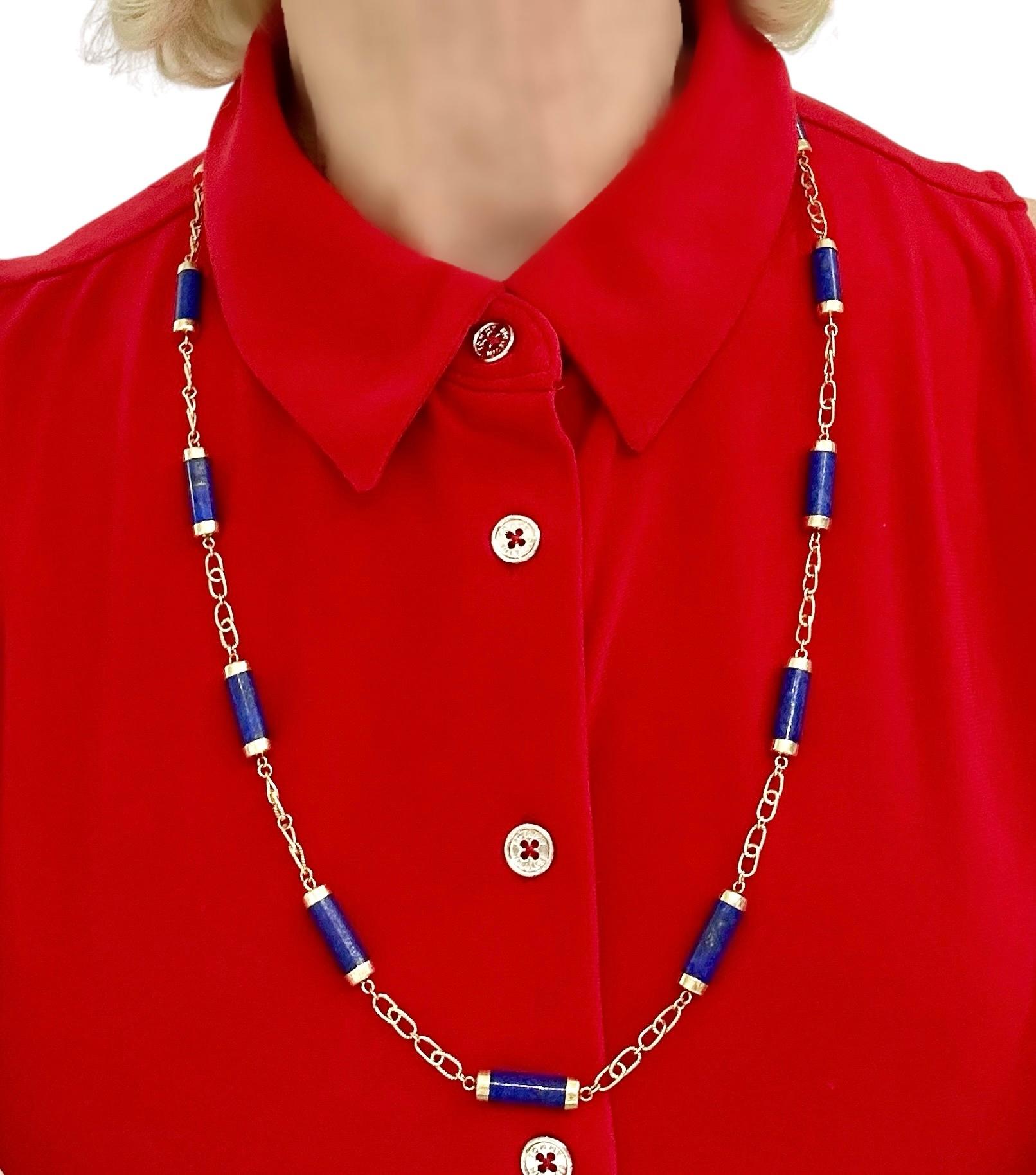 Mitte des 20. Jahrhunderts 14K Gold & Lapislazuli Zylinder-Halskette 29 1/2 Zoll lang im Angebot 3
