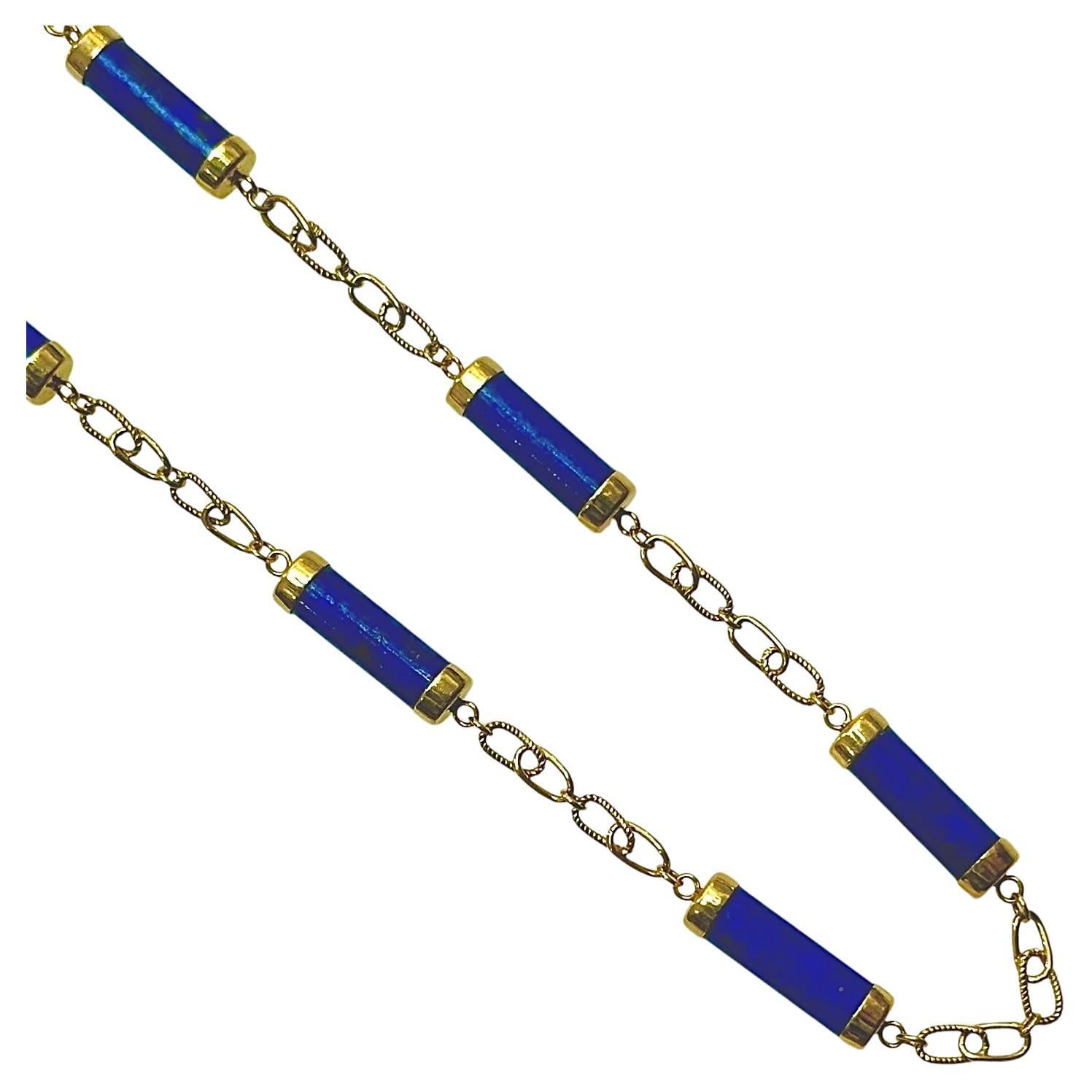 Mitte des 20. Jahrhunderts 14K Gold & Lapislazuli Zylinder-Halskette 29 1/2 Zoll lang im Angebot