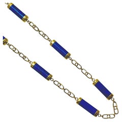 Mid-20th Century 14K Gold & Lapis-Lazuli Cylinder Necklace 29 1/2 Inches Long
