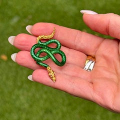Mid-20th Century 18 Karat Yellow Gold Green Enamel Vintage Snake Brooch Pin