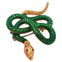 Mid-20th Century 18 Karat Yellow Gold Green Enamel Vintage Snake Brooch Pin