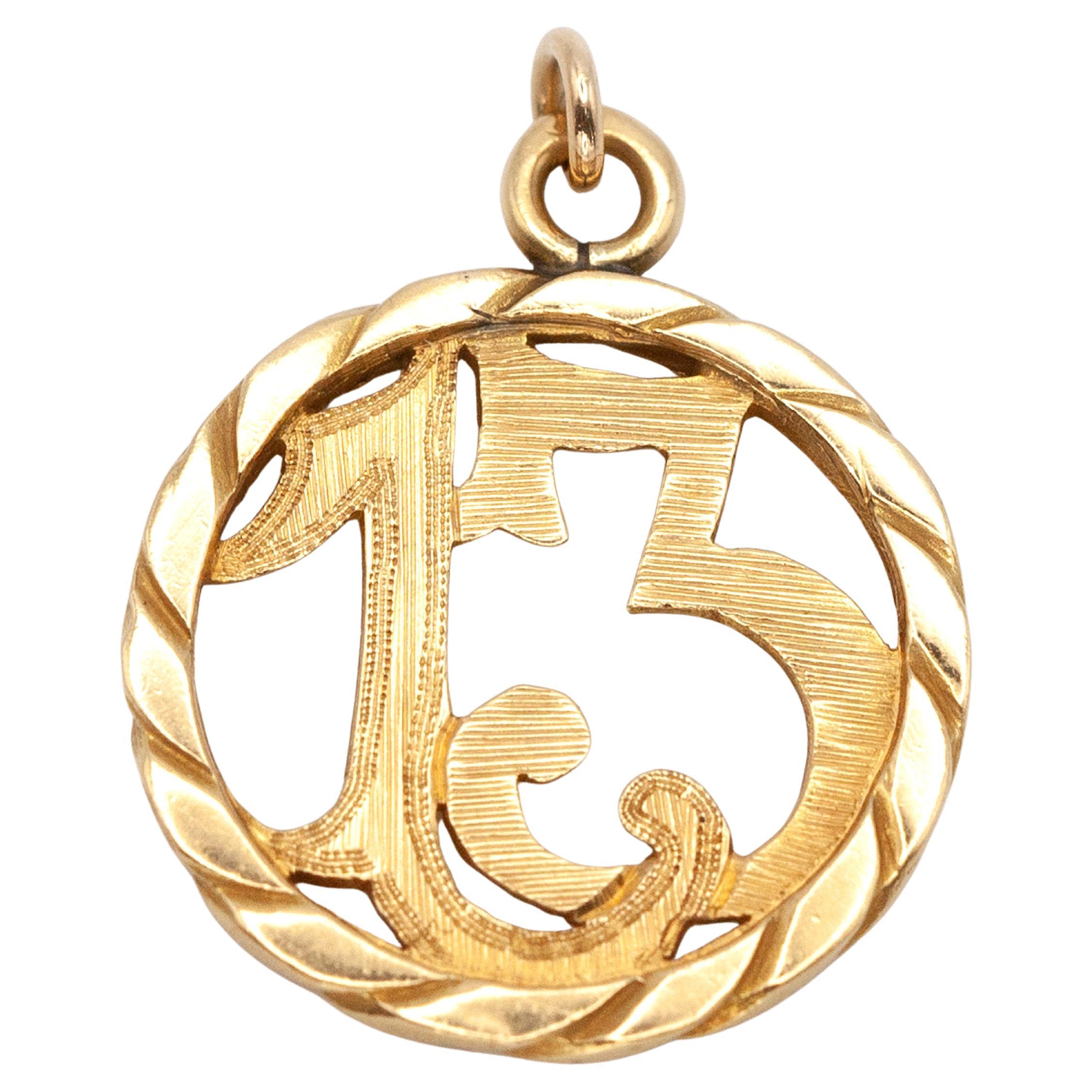Mid-20th Century 18K Gold “13” Good Luck Pendant For Sale