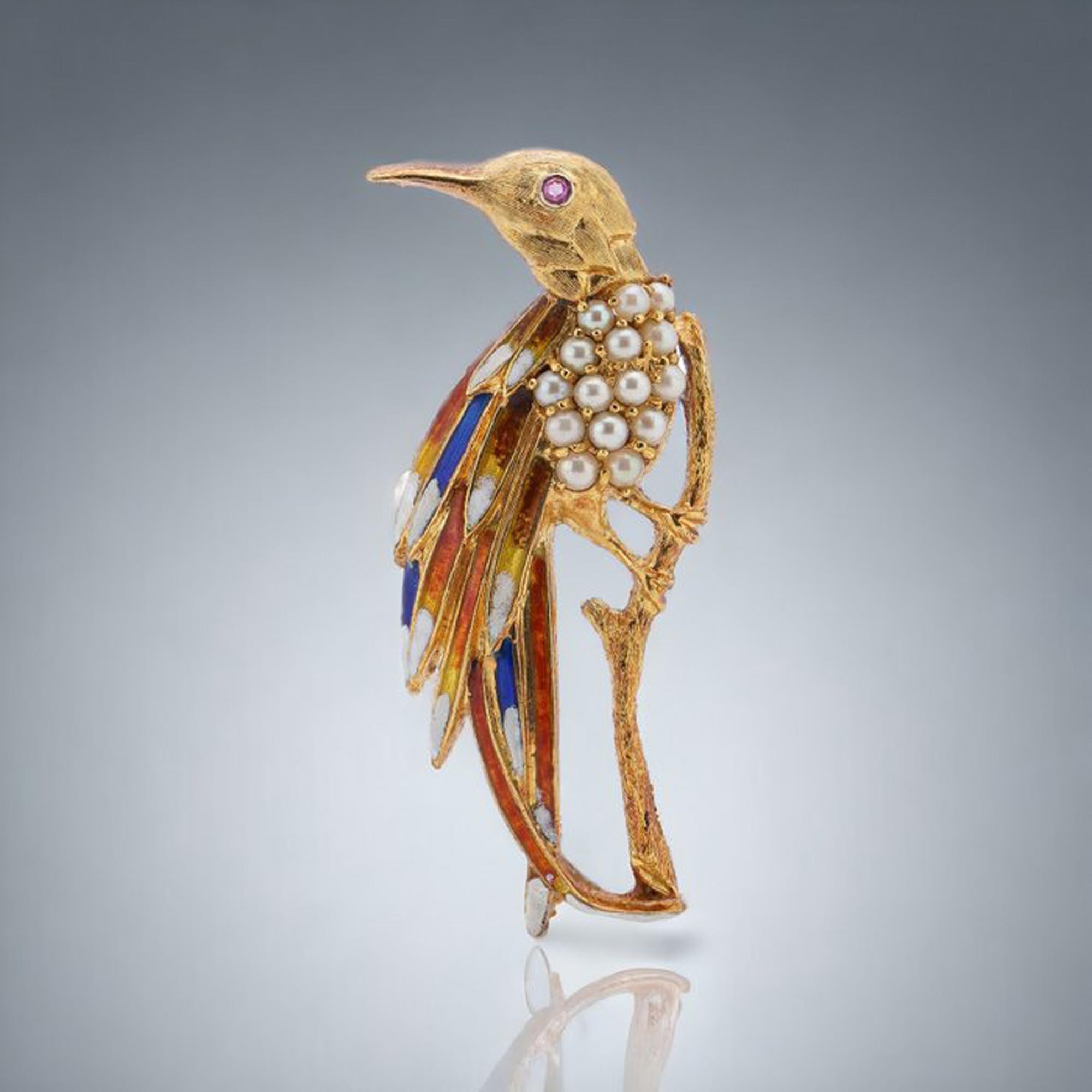 Mid-20th century 18kt gold bird brooch on a branch with colourful feathers.
Made in Europe mid-20th century.
Hallmarked 18KT Gold & 