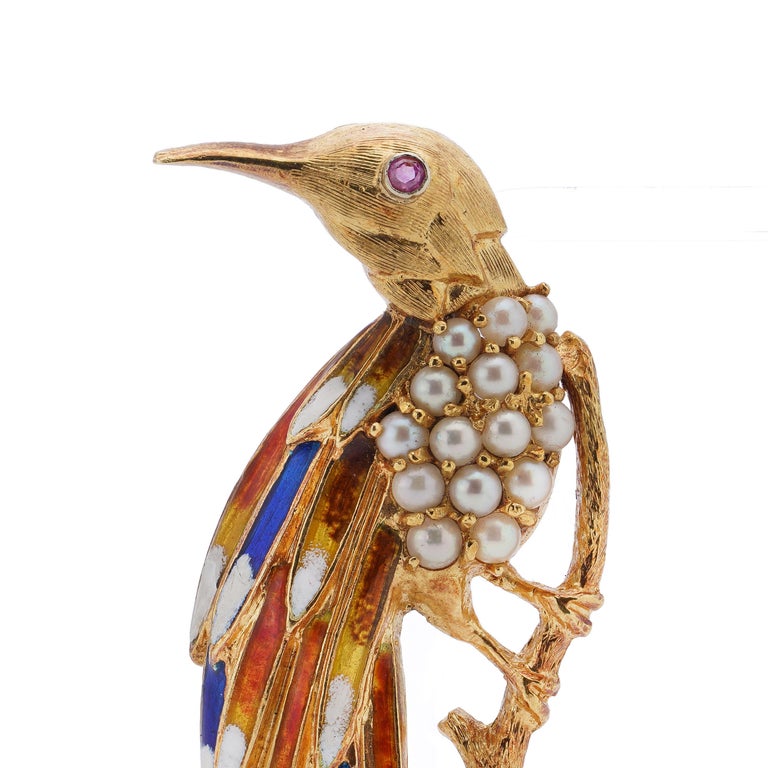 Mid 20th Century 18kt Gold Bird Brooch on Branch with Colourful ...
