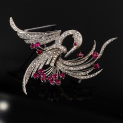 Mid-20th Century 18KT White Gold Bird Brooch with Pavé Diamonds and Ruby Accents