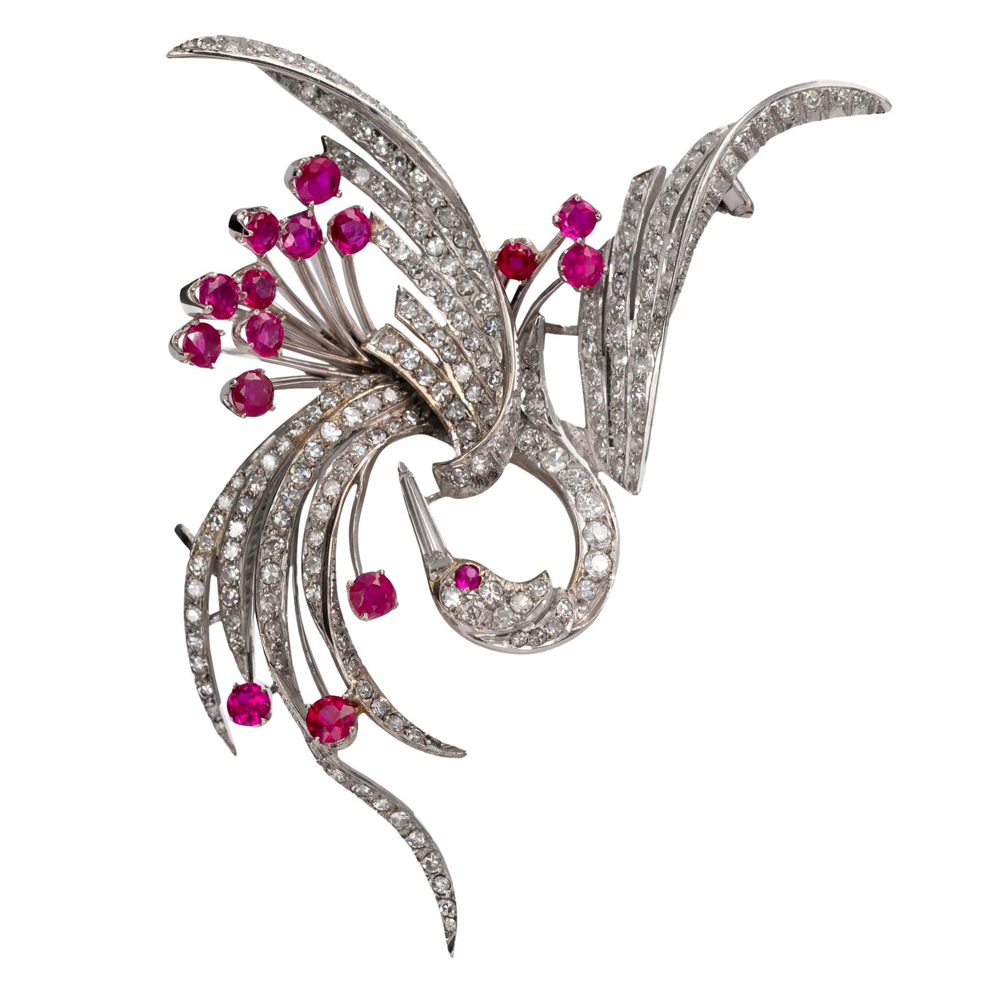 Mid-20th Century 18KT White Gold Bird Brooch with Pavé Diamonds and Ruby Accents