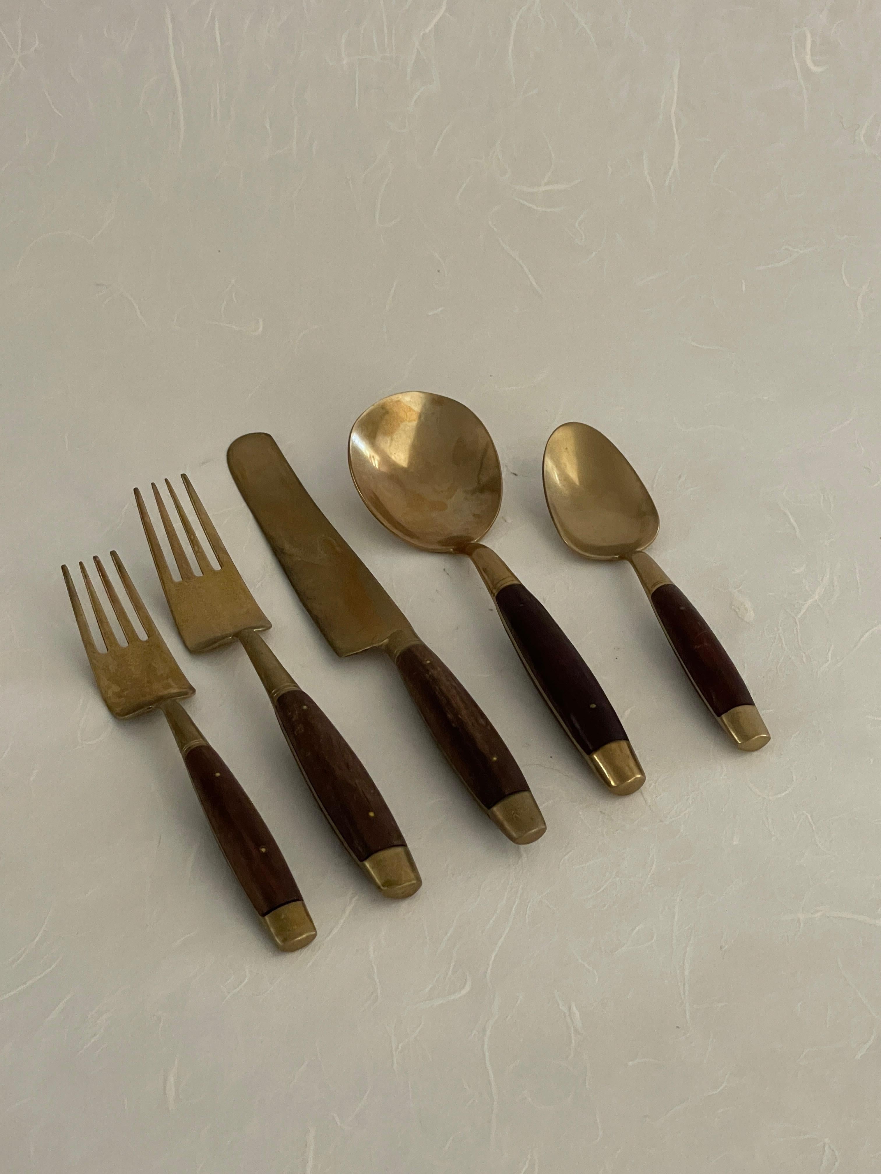 Mid-Century Modern Mid-20th Century 42-Piece Brass and Rosewood Flatware Set