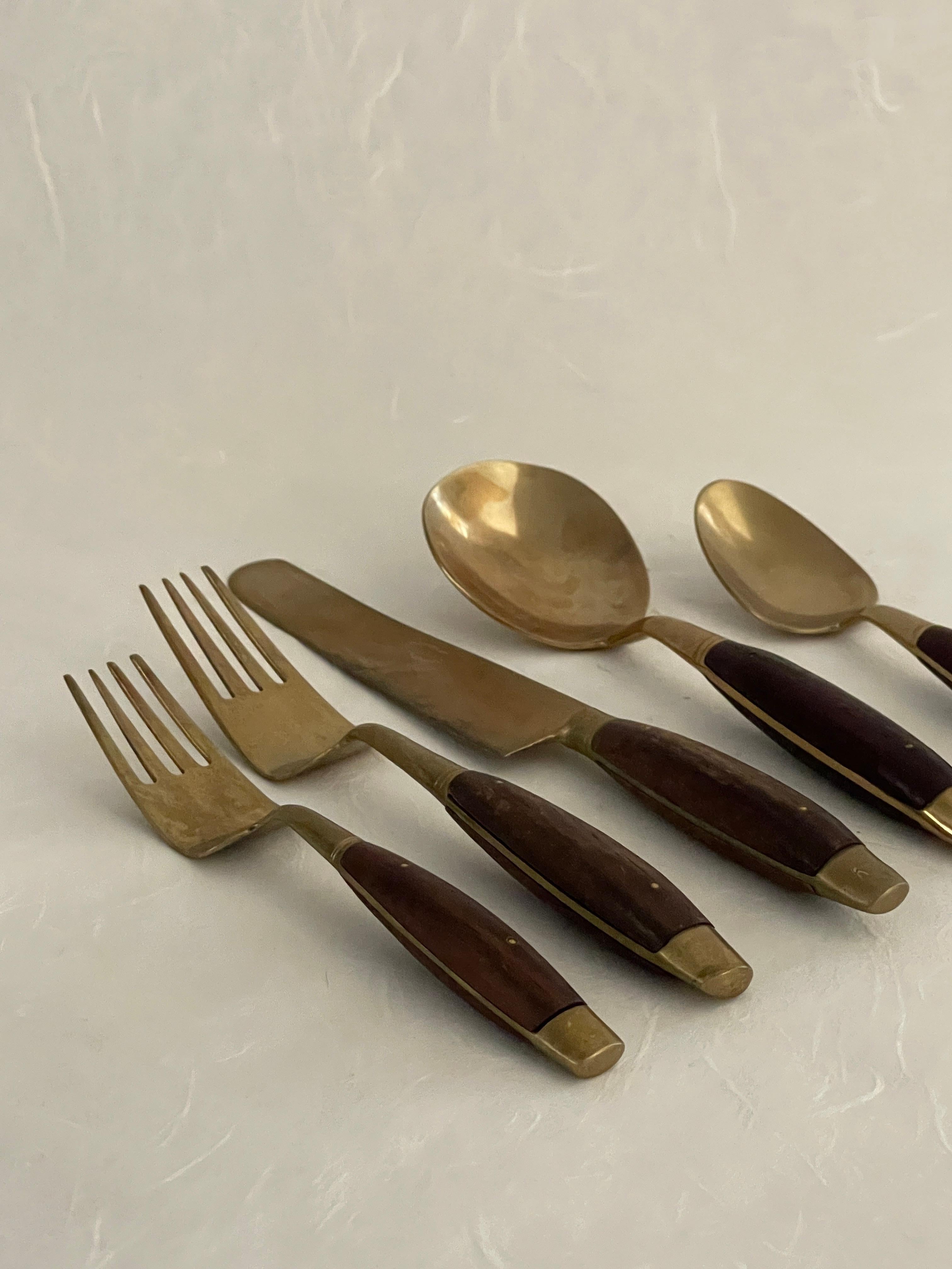 Unknown Mid-20th Century 42-Piece Brass and Rosewood Flatware Set