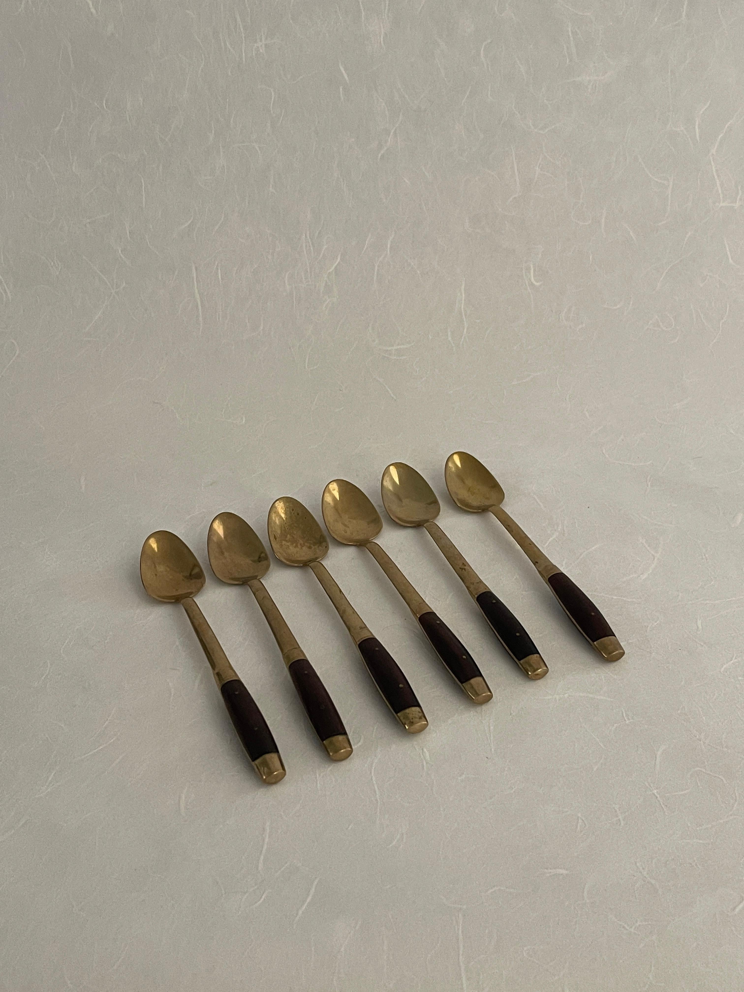 Hand-Crafted Mid-20th Century 42-Piece Brass and Rosewood Flatware Set