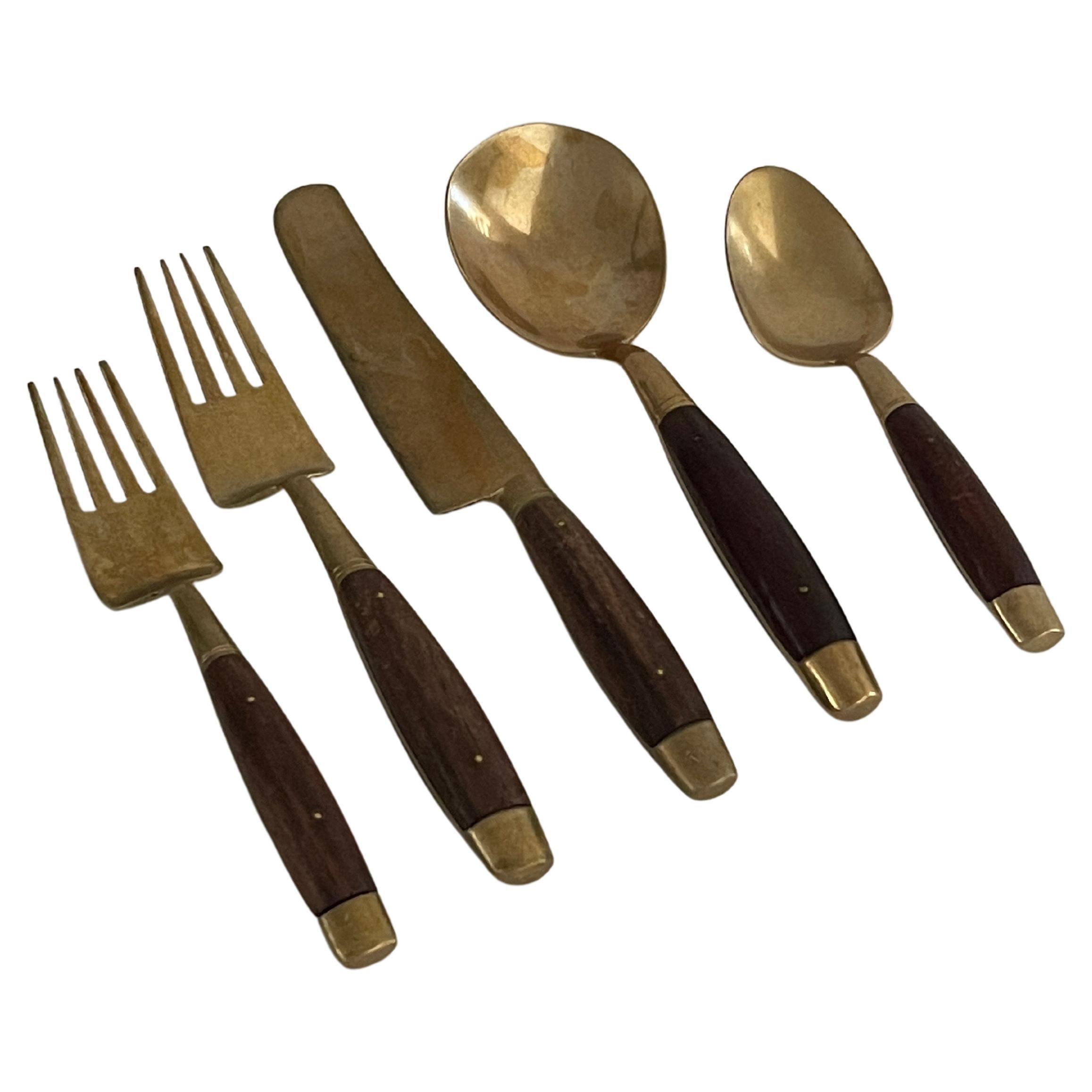Mid-20th Century 42-Piece Brass and Rosewood Flatware Set