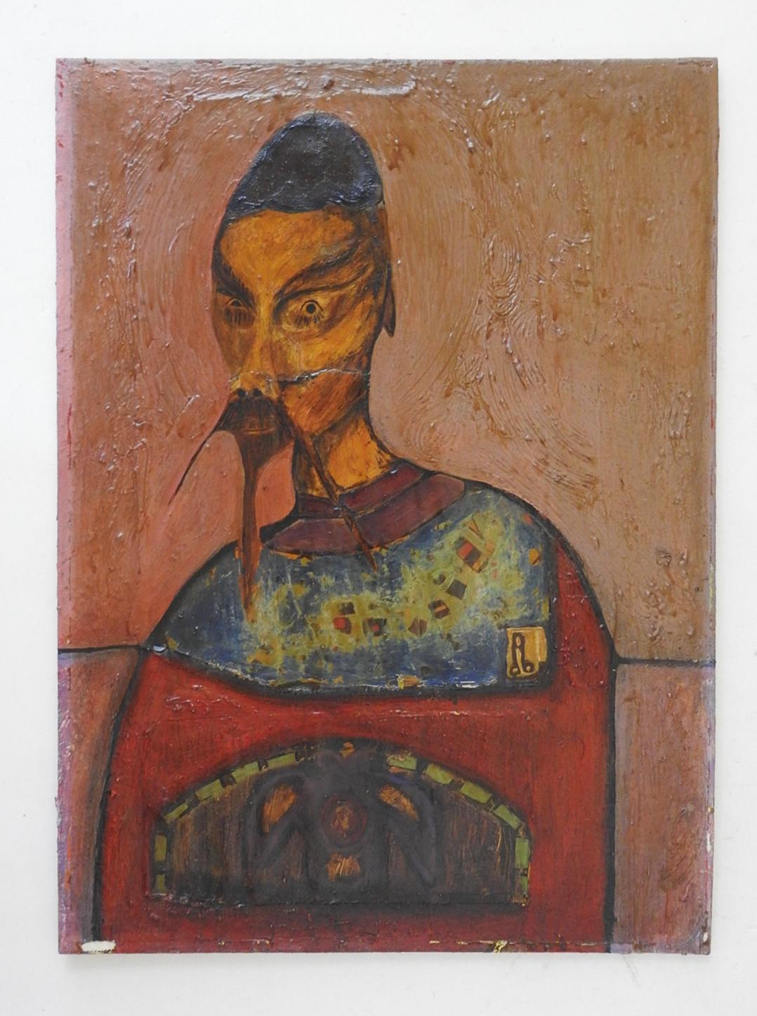 Vintage mid 20th century mixed media collage painting of bearded figure.  Unsigned,  looks to be a combination of paper and paint over canvas board with lots of texture.  Unframed, edge wear, overall darkening, some cockeling to paper.