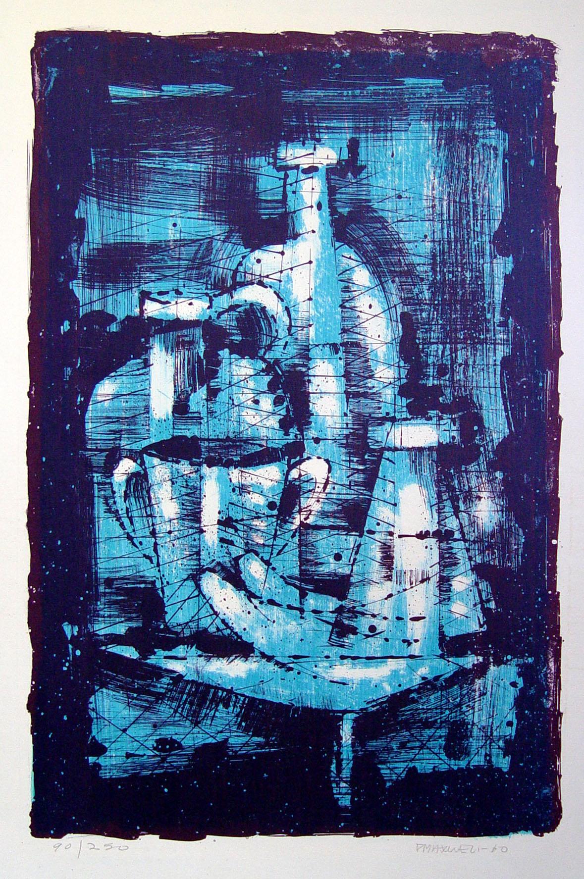 American Mid 20th Century Abstract Bottles Still Life Lithograph by Paul E. Maxwell For Sale