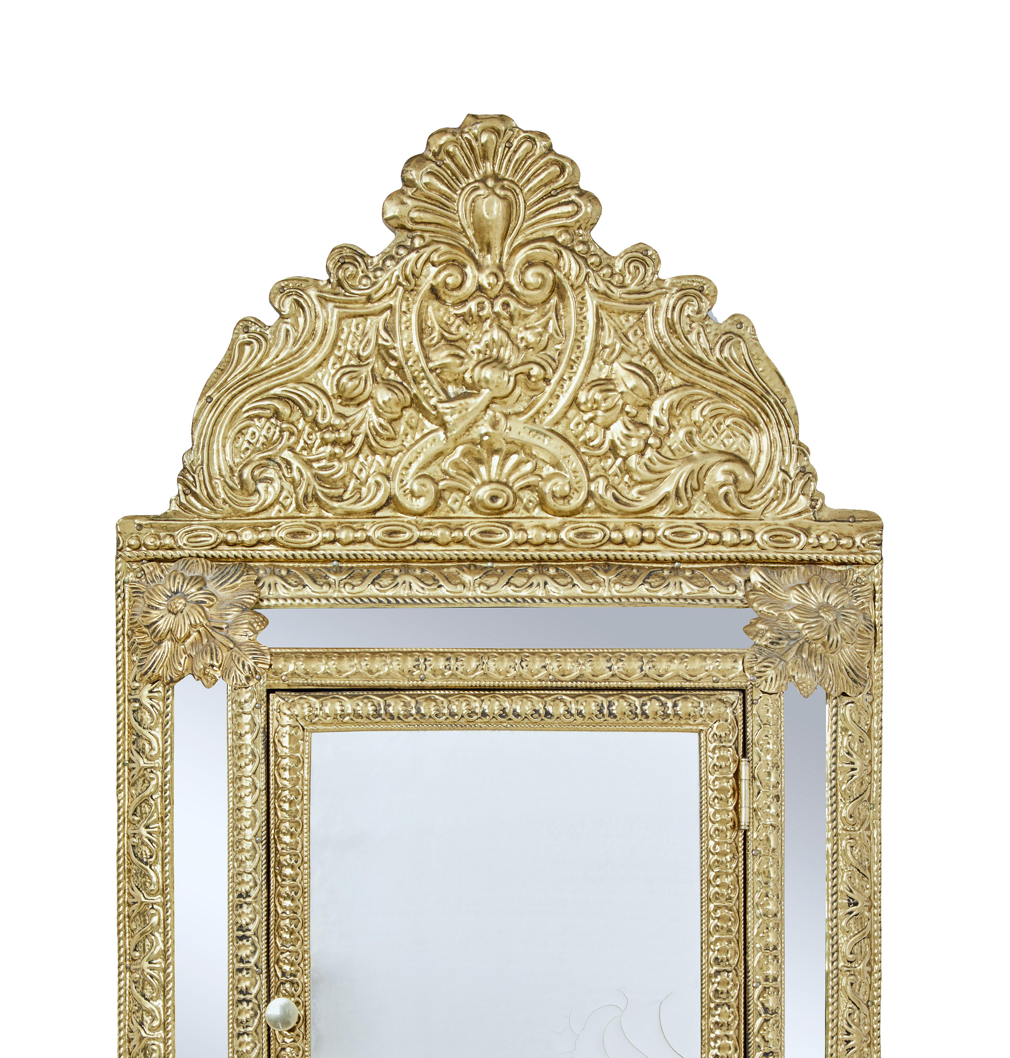 Pressed Mid-20th Century Aesthetic Movement Inspired Brass Hall Cushion Mirror