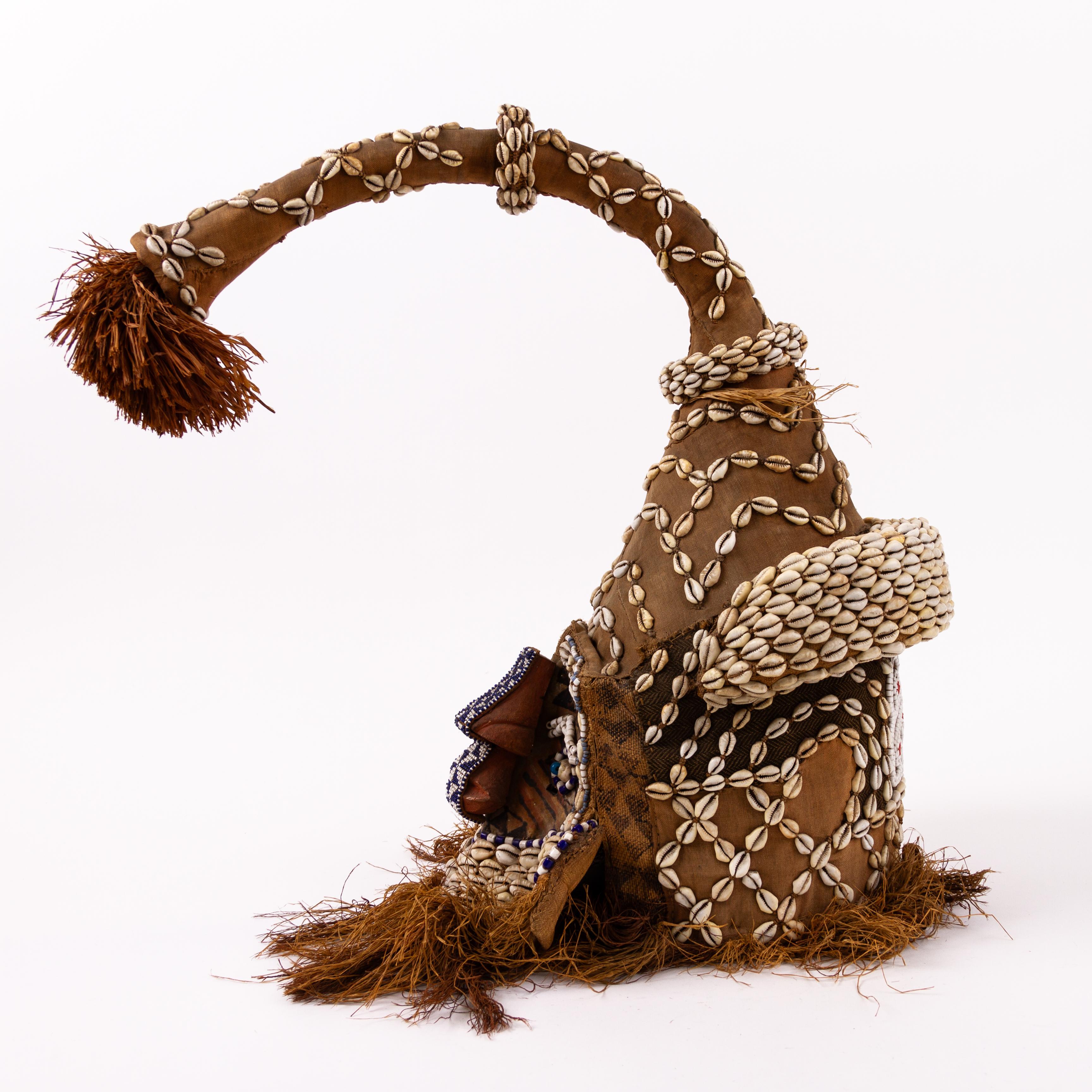 Mid 20th Century African Kuba Helmet Tribal Mask Shells, Animal Fibres, Raffia For Sale 2