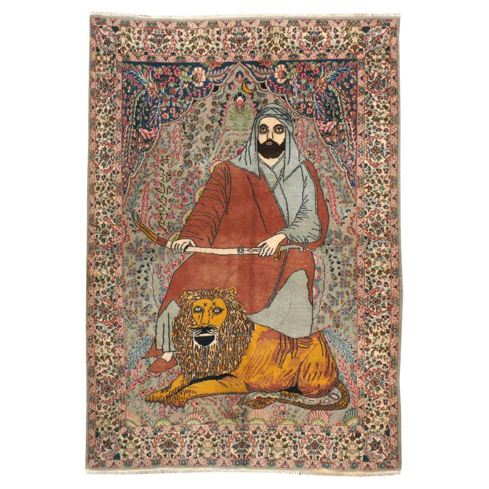 Mid-20th Century 'Ali ibn Abi Talib and Lion Persian Tabriz Pictorial Throw Rug For Sale