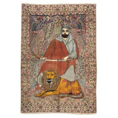 Vintage Mid-20th Century 'Ali ibn Abi Talib and Lion Persian Tabriz Pictorial Throw Rug