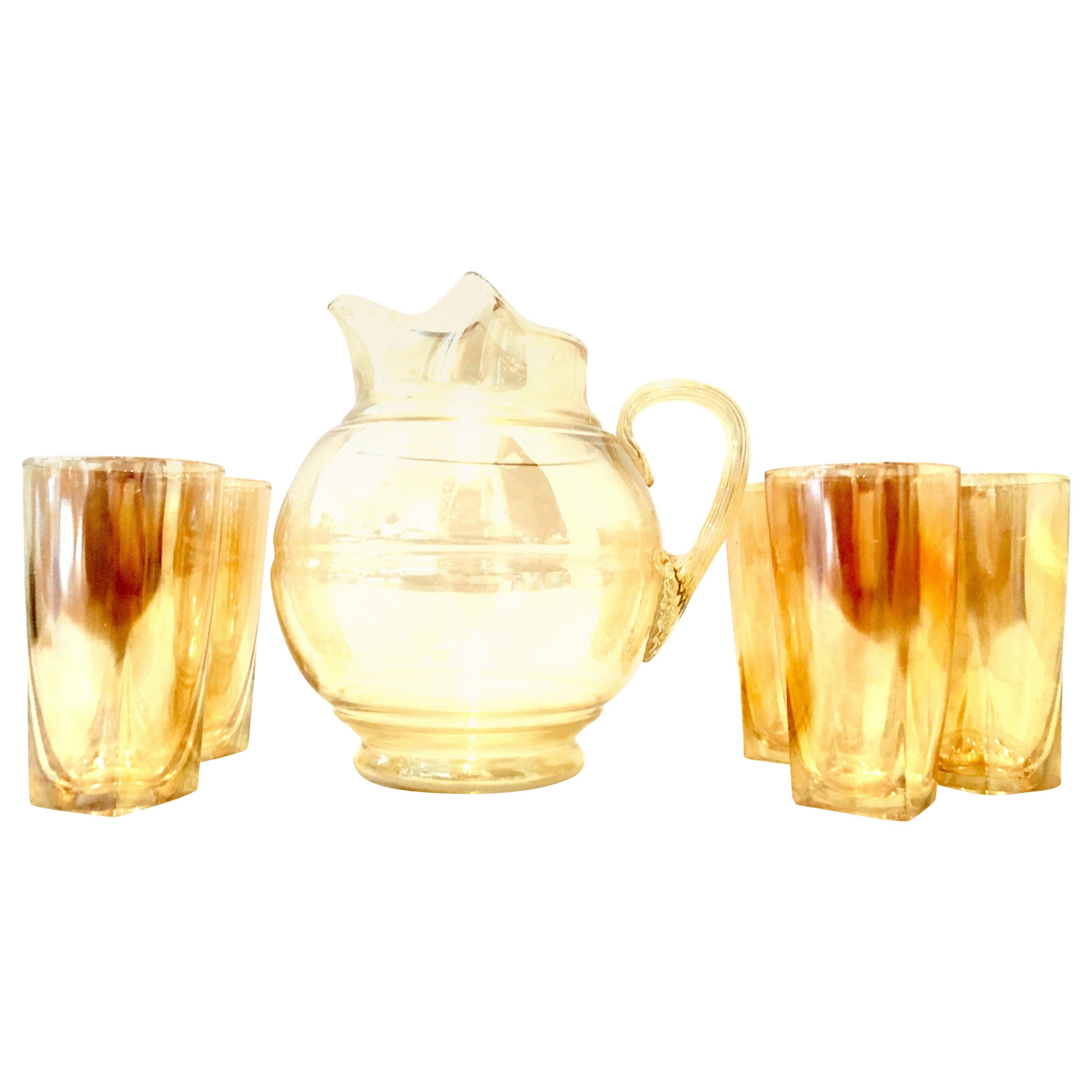 Mid-20th Century American Blown Glass Iridescent Peach Drinks Set of Six Pieces For Sale