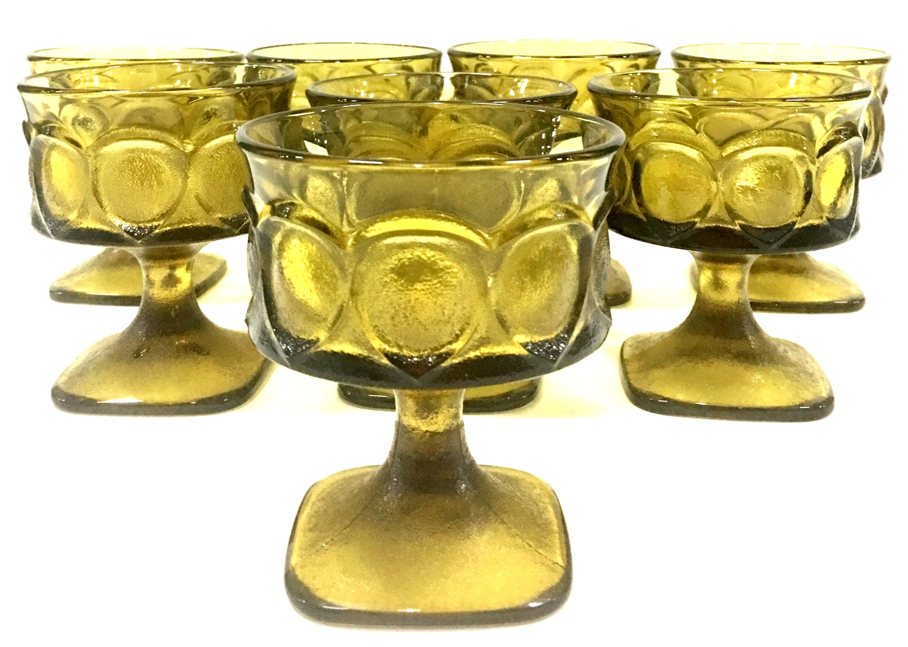 Mid-20th century American blown glass textured olive green coupe stem drink glasses, set of 7 pieces.
