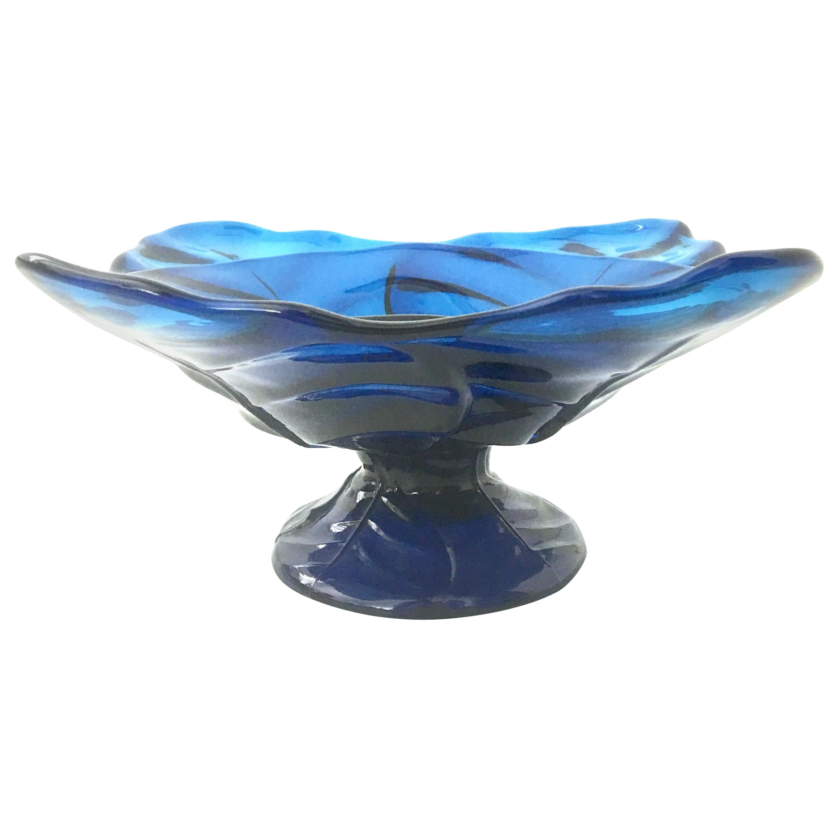 Mid-20th Century American Blown Glass Vivid Blue Footed Pedestal Dish For Sale