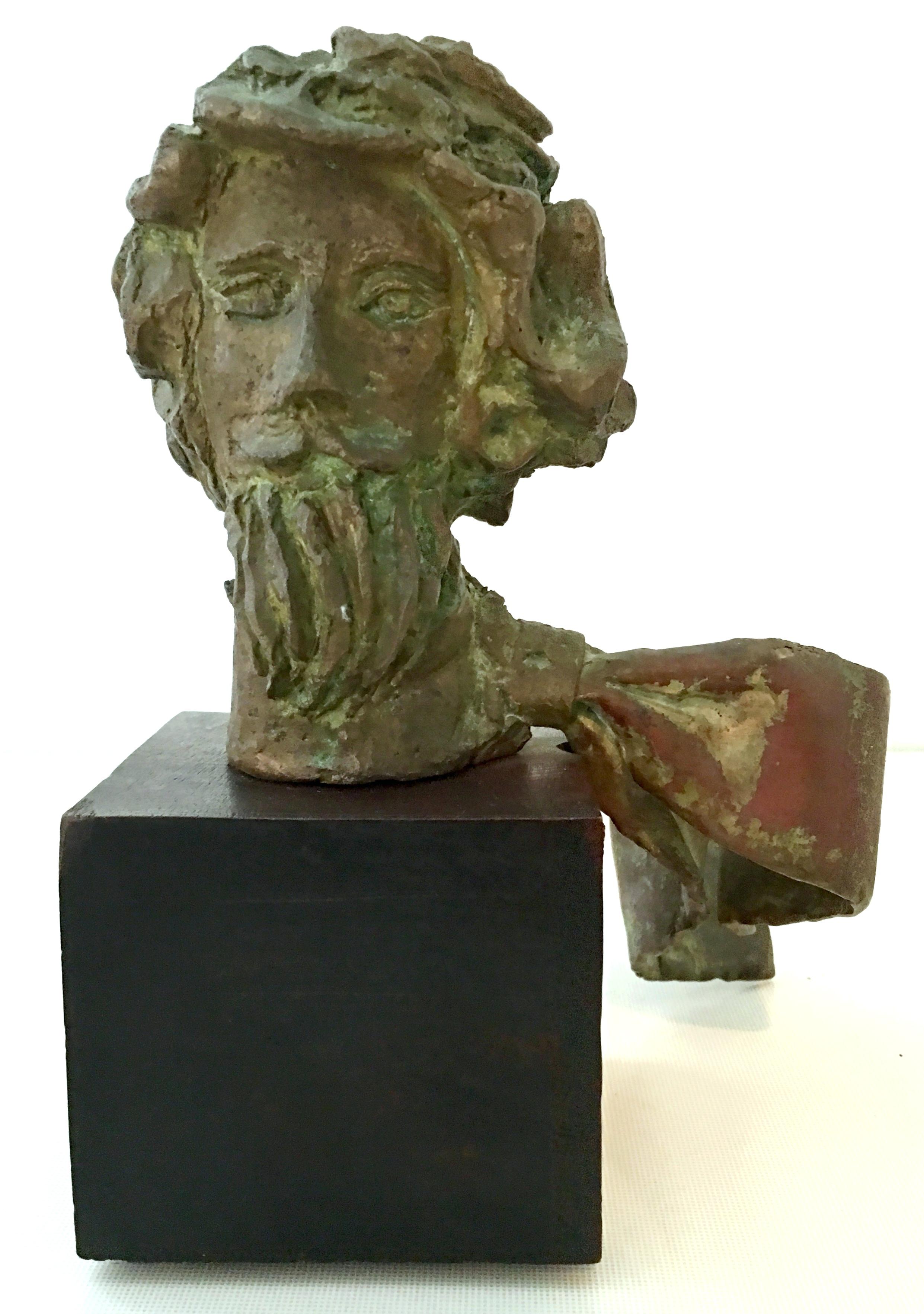 1969 Cast bronze male bust sculpture By, Adickes. One of a kind and rare bronze verdigris male bust sculpture, mounted on a stained mahogany square wood base. Features intricate detailed male bearded form with curly hair and incredible scarf in