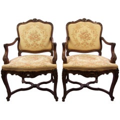 Used Mid-20th Century American Chestnut Louis XV Open-Arm Fauteuil Chairs