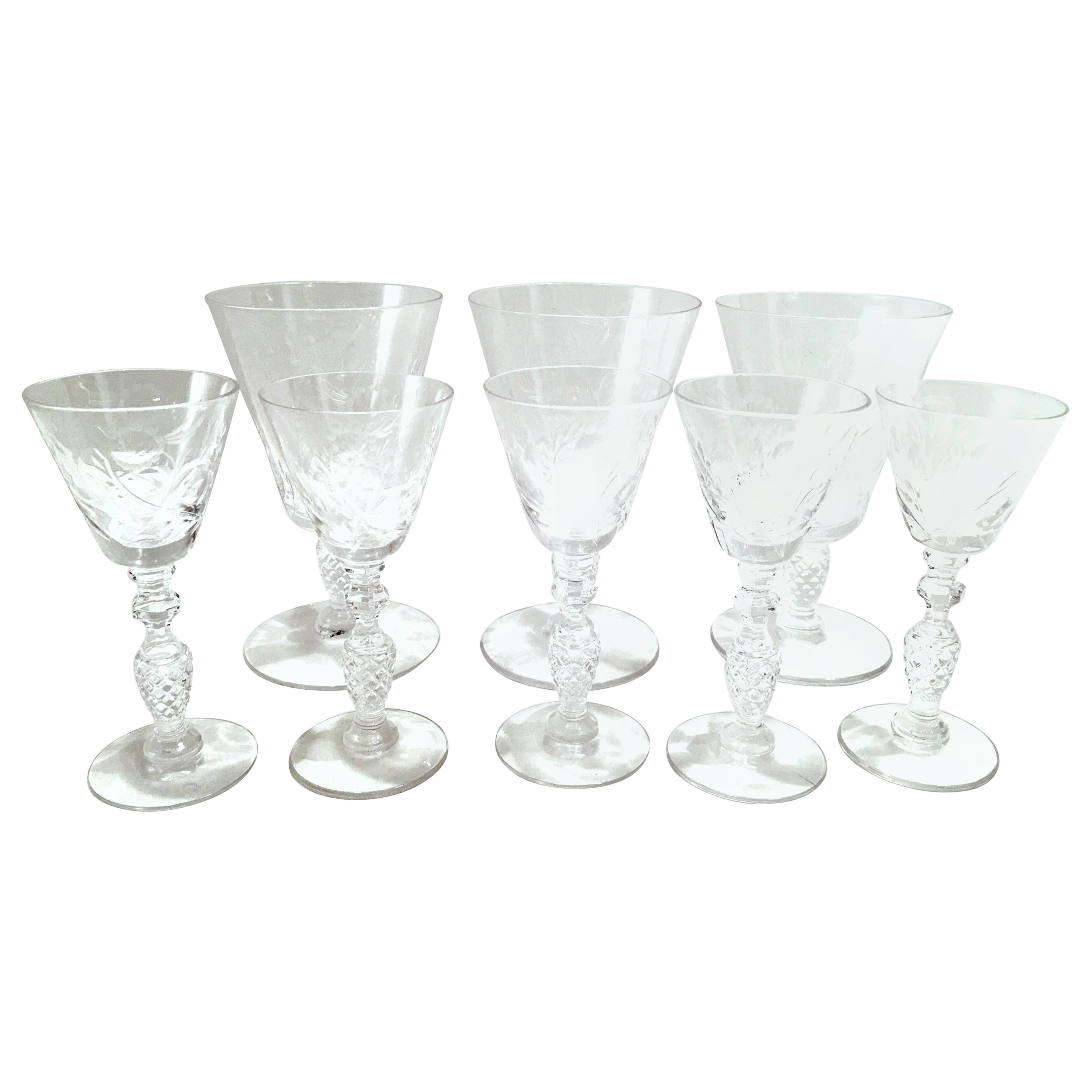 Mid-20th Century American Cut and Etched Crystal Stem Glasses, Set of 8