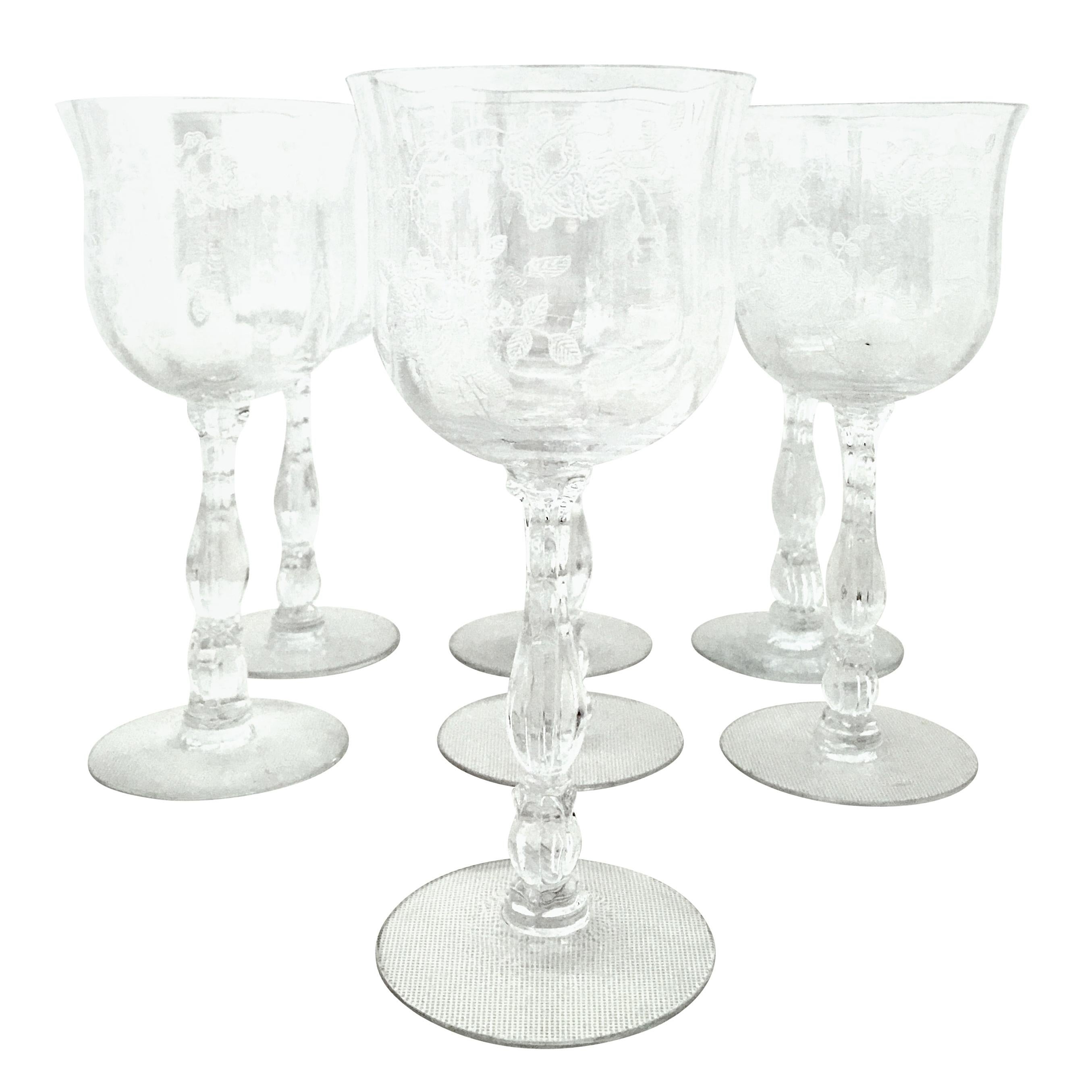 Mid-20th Century American Etched Crystal Stem Glasses Set of Seven Pieces For Sale