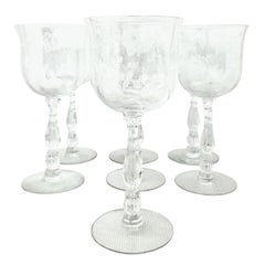 Mid-20th Century American Etched Crystal Stem Glasses Set of Seven Pieces