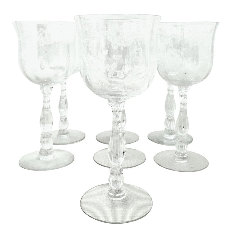 Mid20th Century American Etched Crystal Stem Glasses Set of Seven