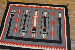 Cute Grey Field with Three Standing Dancers Vintage American Navajo Yei Rug