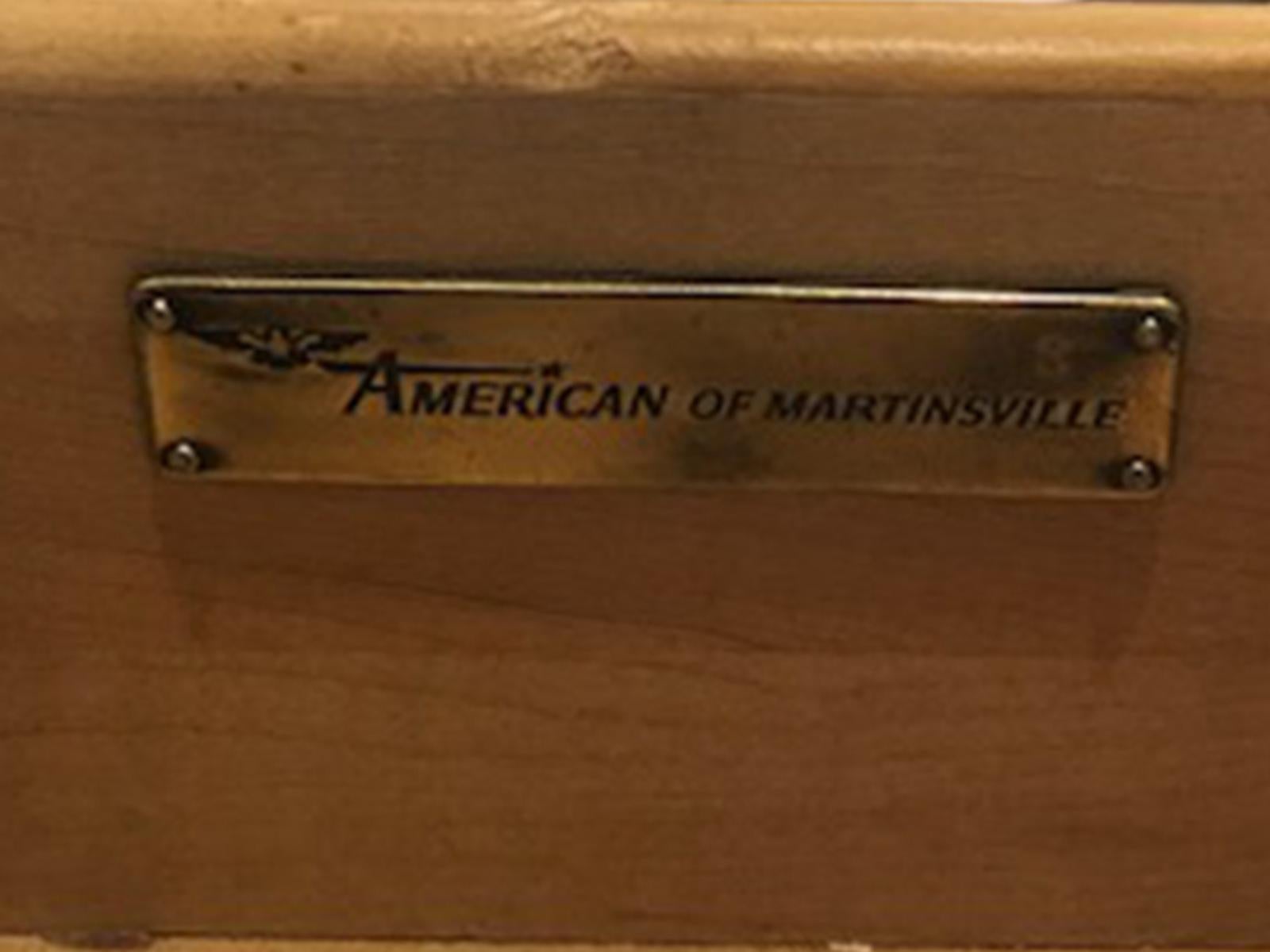 Narrow mid-20th century American of Martinsville multi-drawer burled chest, circa 1970s
Labeled with plate.