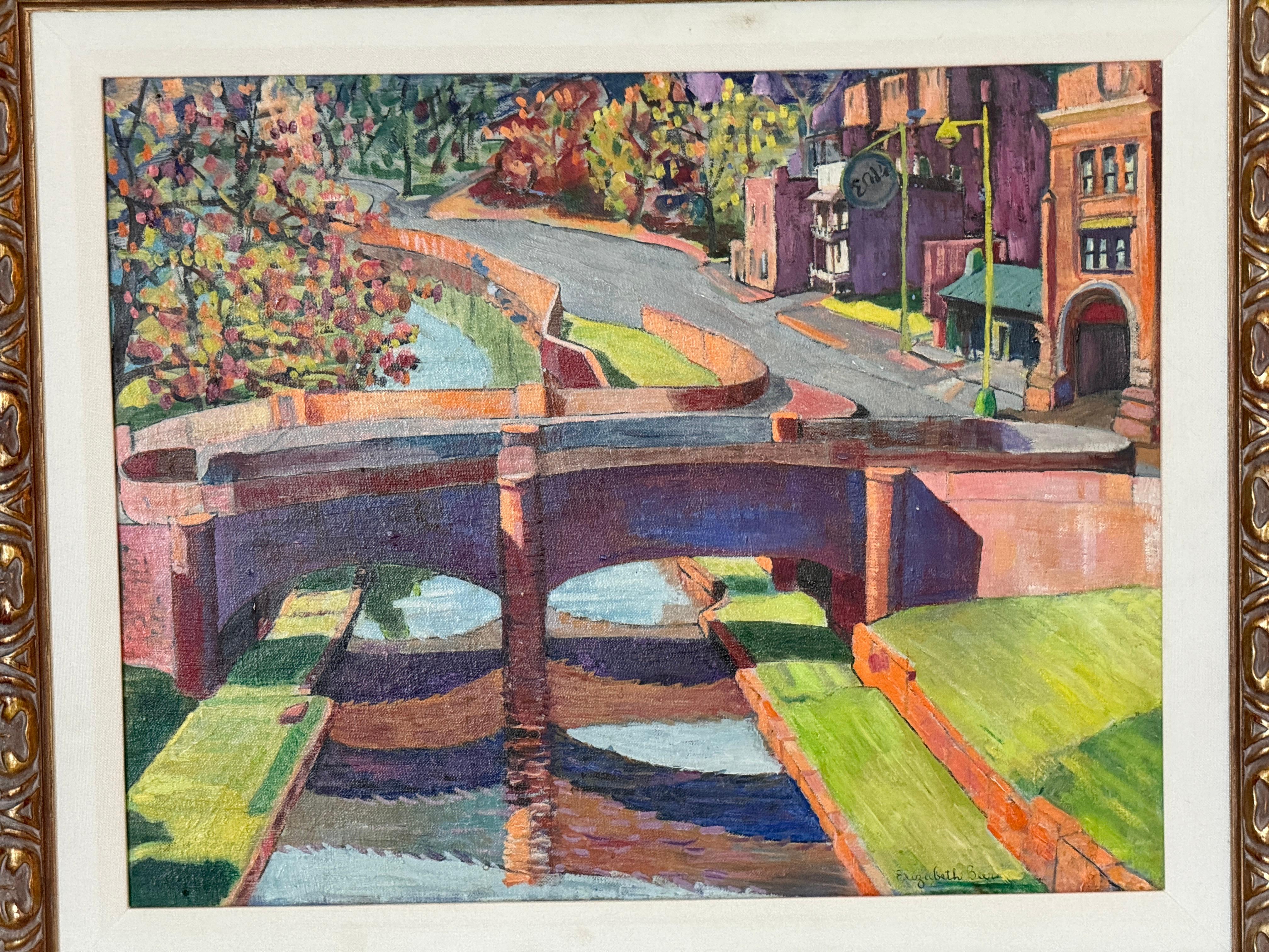 Americano Pittura ad olio americana della metà del XX secolo raffigurante una scena di ponte e canale in vendita