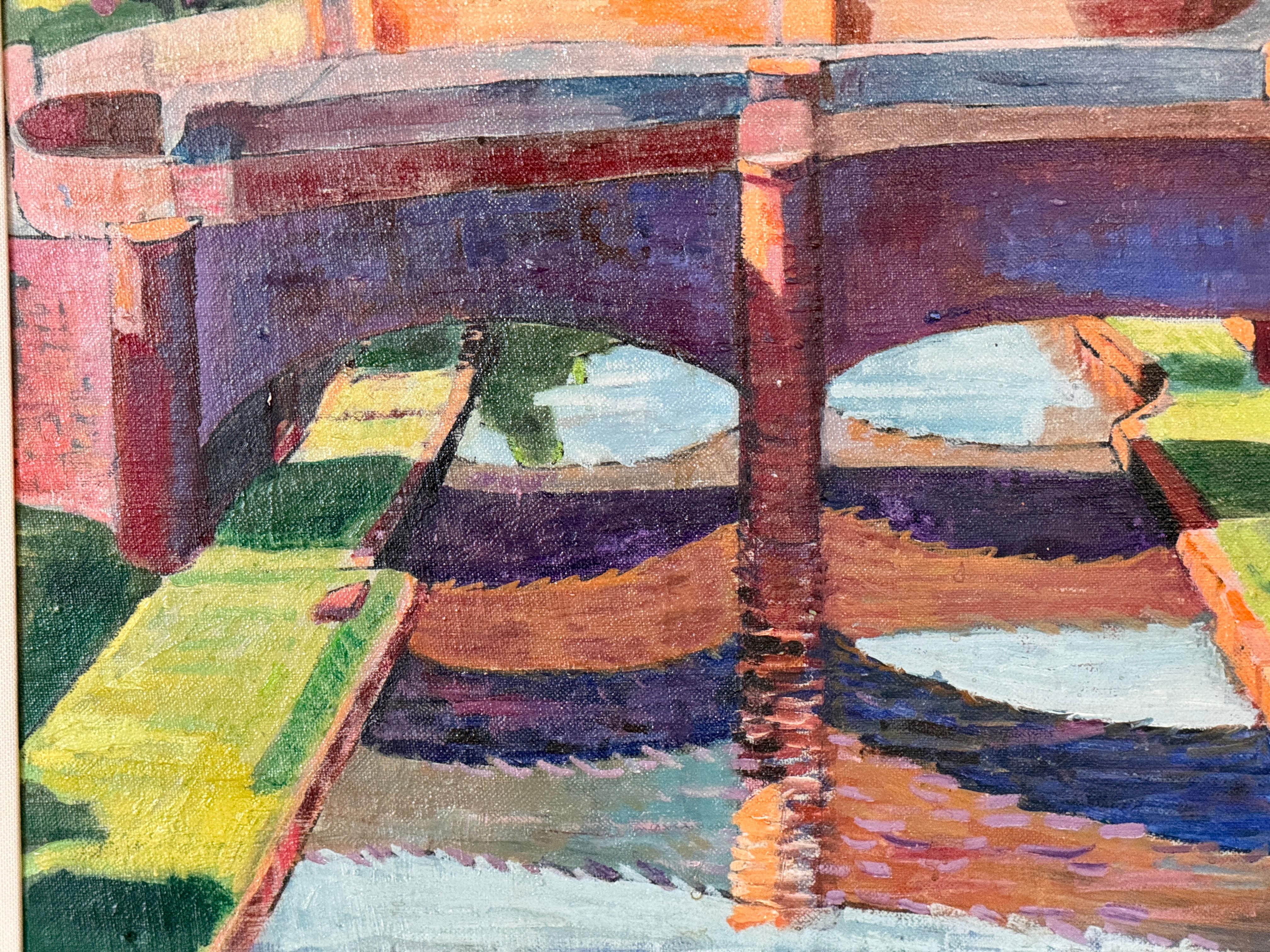 Pittura ad olio americana della metà del XX secolo raffigurante una scena di ponte e canale in vendita 1