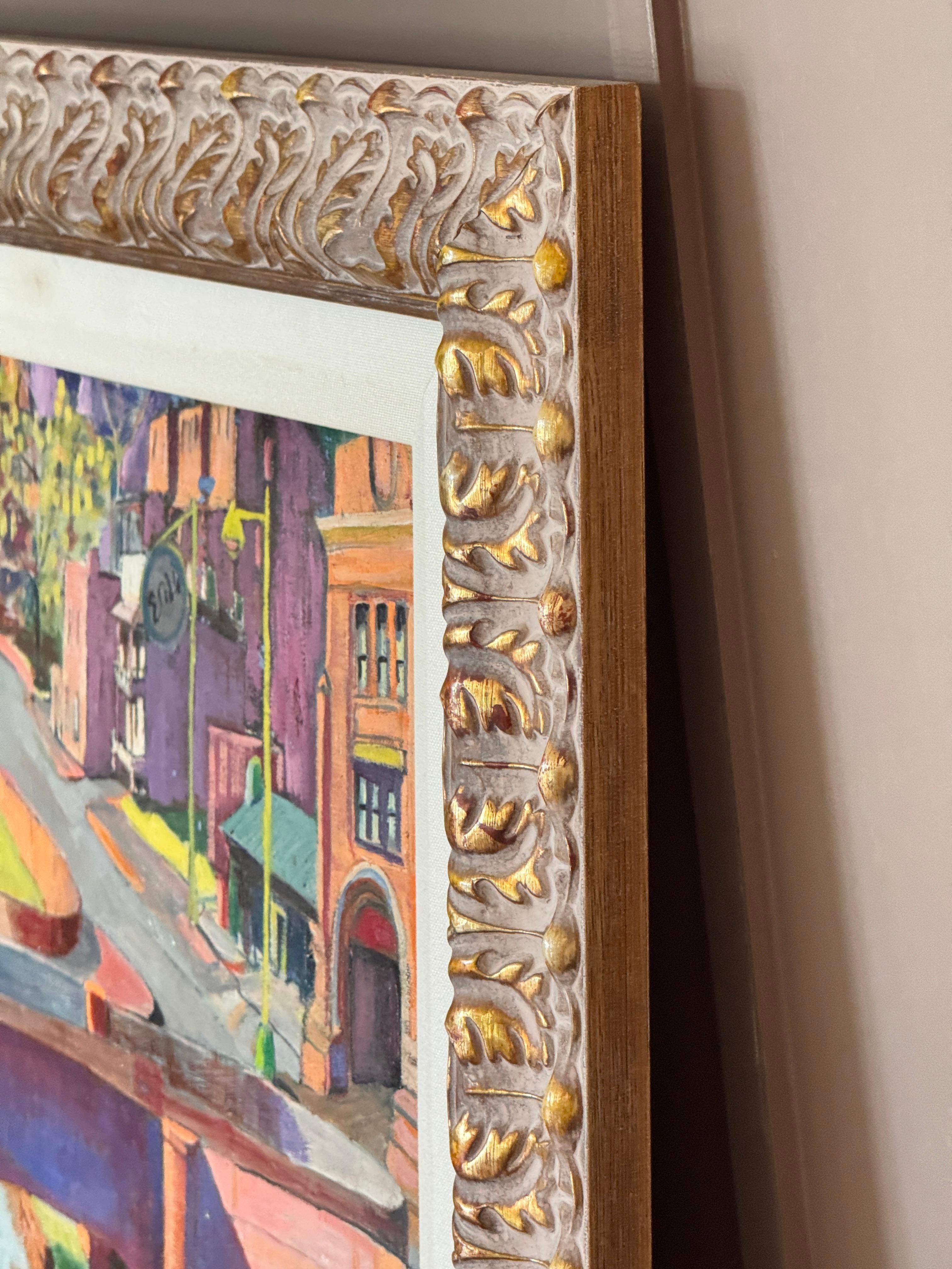 Pittura ad olio americana della metà del XX secolo raffigurante una scena di ponte e canale in vendita 3