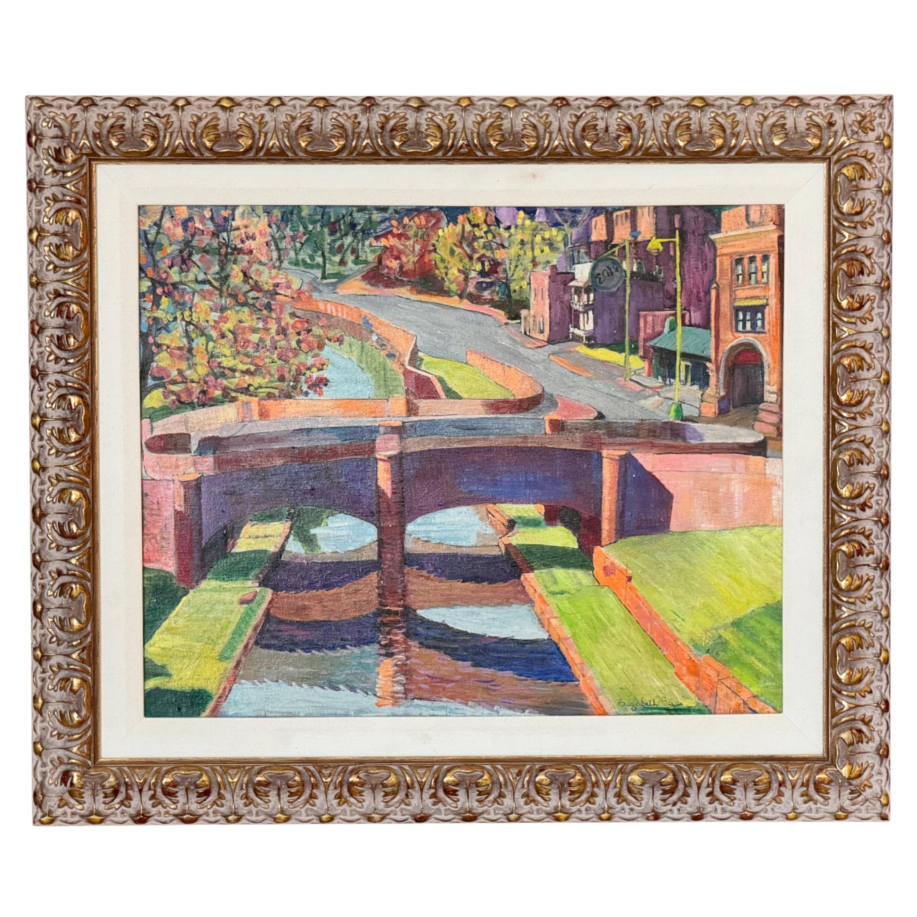 Pittura ad olio americana della metà del XX secolo raffigurante una scena di ponte e canale in vendita