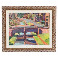 Pittura ad olio americana della metà del XX secolo raffigurante una scena di ponte e canale