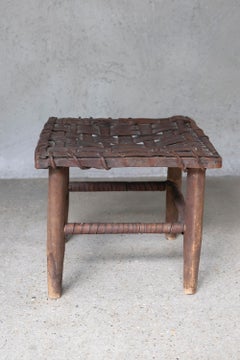 Mid 20th Century American Rustic Handwoven Leather & Wood Stool