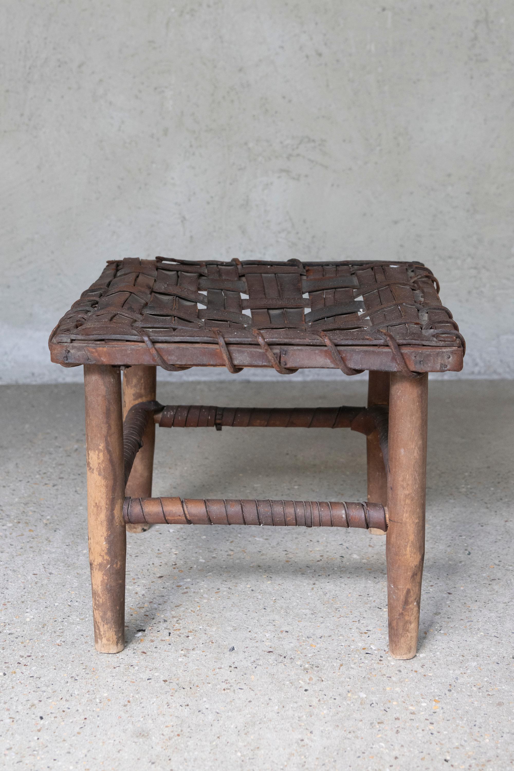 Mid 20th Century American Rustic Handwoven Leather & Wood Stool For Sale 1